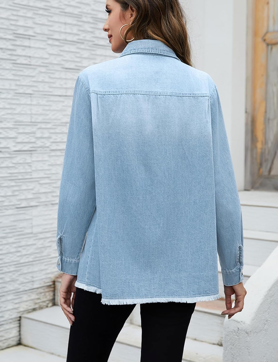 Women's Denim Jacket Long Sleeve Button Down Jean Jackets Frayed Hem Western Shirts with Pockets - Image 4