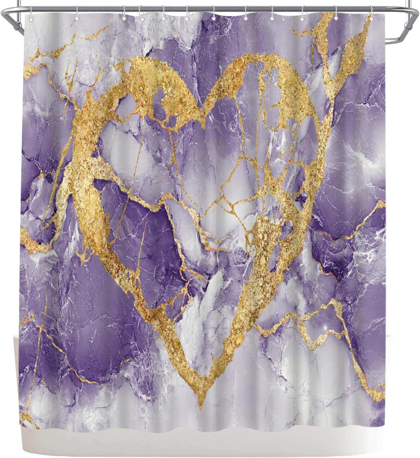 WELMECO Marble Shower Curtain, Modern Abstract Gold Heart Bathroom Decor Polyester Fabric 72x72inch Bathroom Curtain with Hooks (Purple)