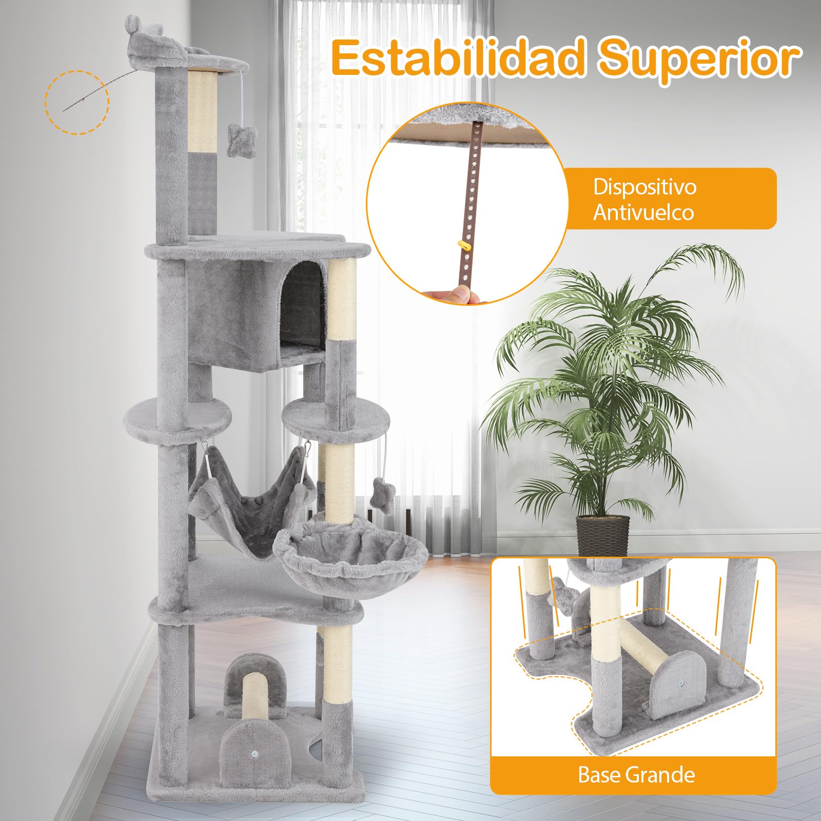 COSTWAY 176cm Árbol para Gatos, Rascador para Gatos con Perchero Superior, Cesta Cama, Hamaca, Poste para Rascar, Plataformas y Juguetes Colgantes, Centro de Actividades para Gatos