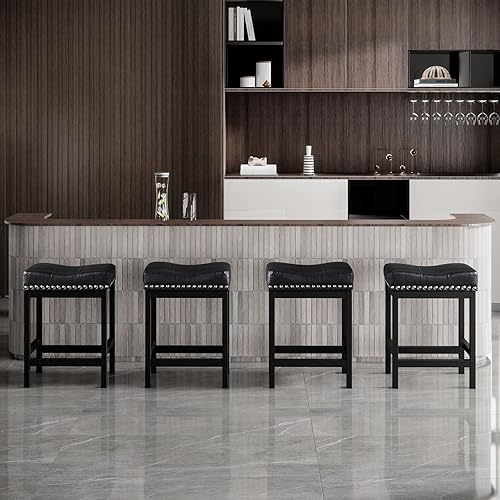 Miniatura 7 de OUllUO Taburetes de bar, juego de 2, taburetes de encimera de cocina, taburetes de silla de montar, taburetes de piel sintética azul para isla de