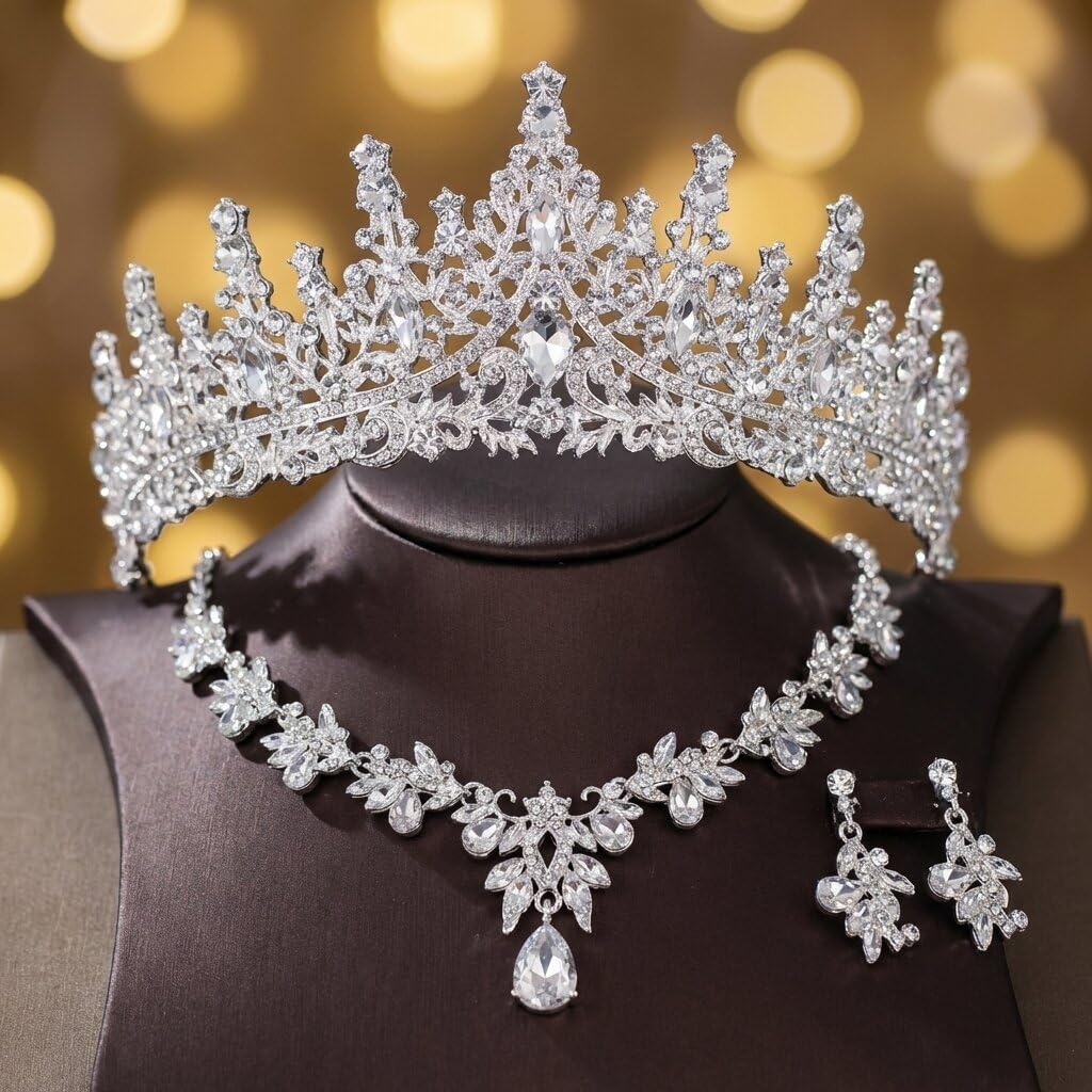 Crowns and Tiaras jewelry sets for Wedding princess birthday party Halloween Prom Pageant，Silver Crystal Bridal Jewelry Set for Women