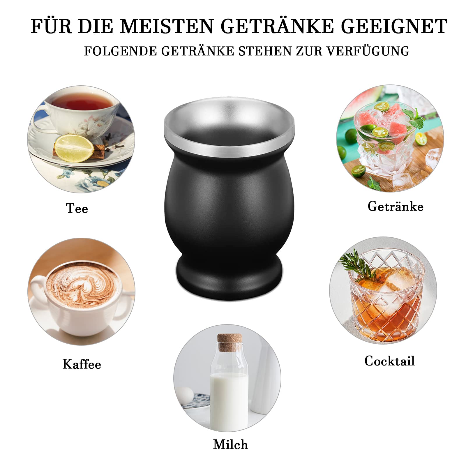 Set Mate con Pajita y Brocha, Taza de Mate Negro para Cocinas, Restaurantes, Cafeterías