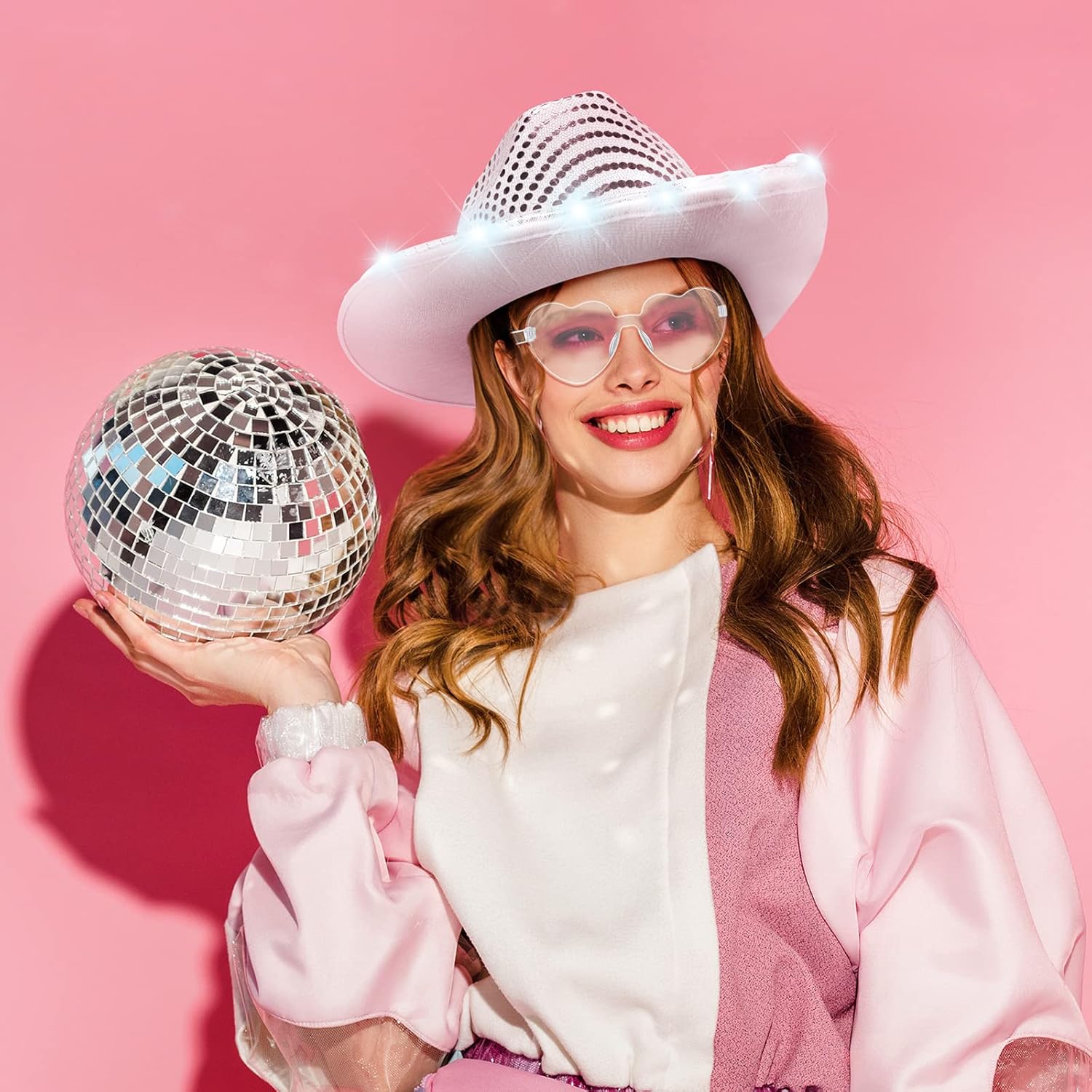 Zhanmai 18 Set LED Cowboy Hat Light Up Glitter Sequin Cowgirl Hat with Sunglasses for Adult Wedding Halloween Costume - Image 3