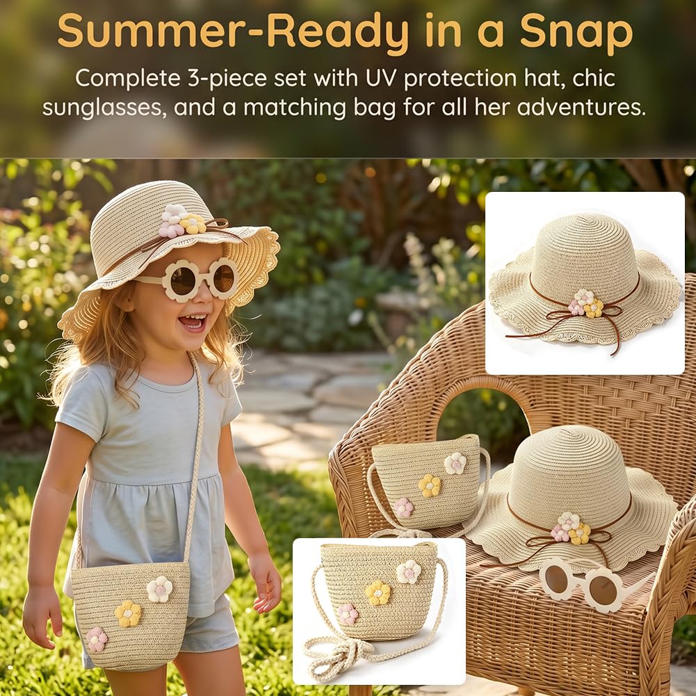 Sombrero de Paja Niñas, Gorra de Sol Chica y Bolsa de Paja Set Gorro de Playa Gafas de Sols Playa de Verano Sombrero Mini Bolsa Cruzada de Pajas Sombreros para Viaje Beach Piscina(Beige)