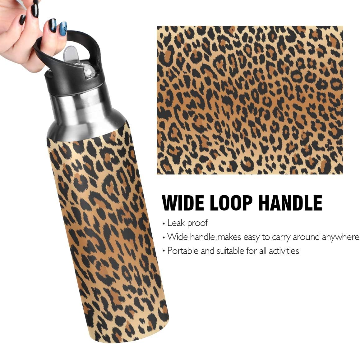 Qilmy Sport Water Bottle with Straw Lid Vacuum Insulated Stainless Steel Thermo Flask Leopard Water Bottle 20 oz