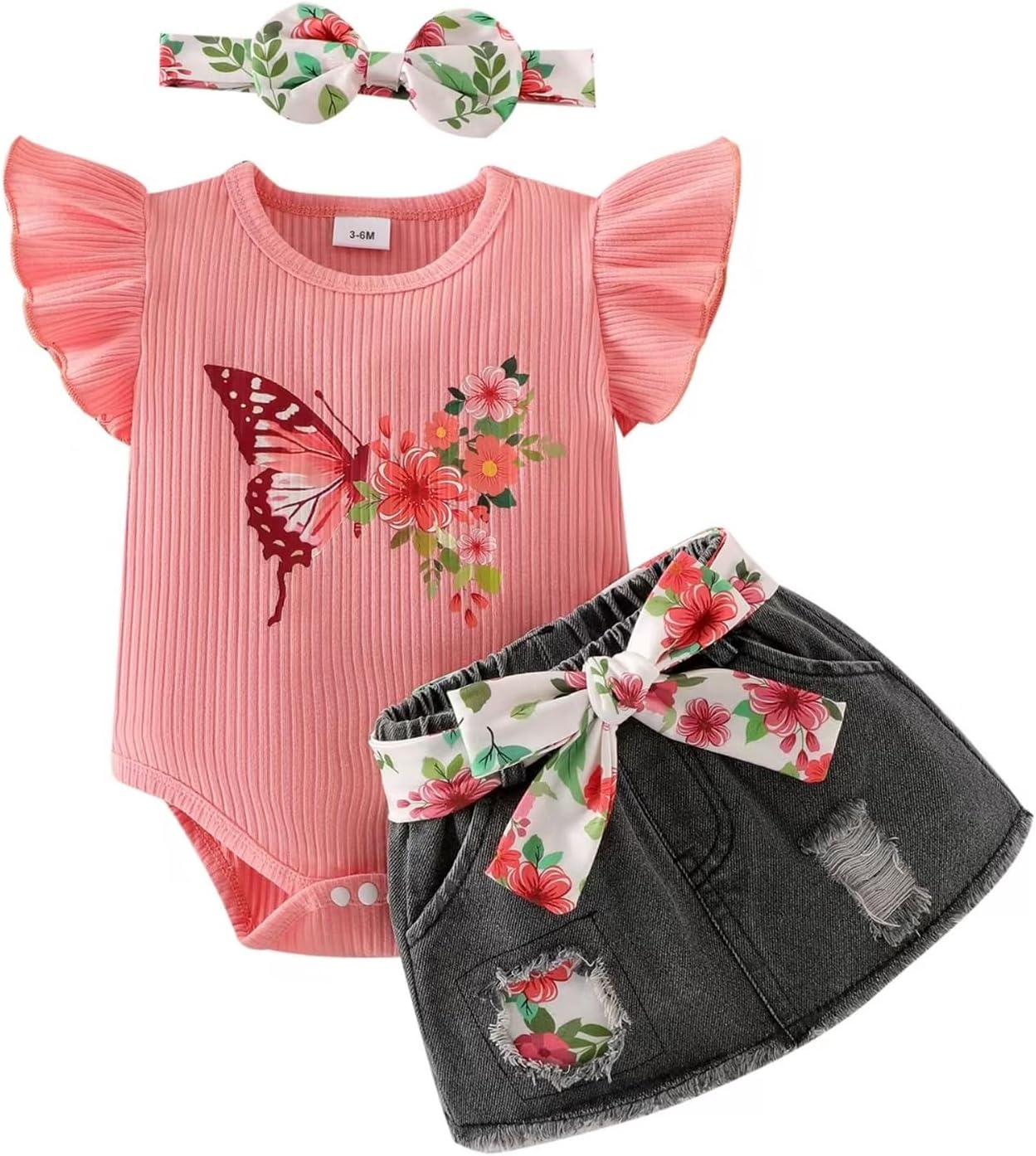 Baby Girl Summer Clothes Cute Butterfly Printed Romper + Denim Skirt + Headband 3pcs Shorts Set 0-18 Months