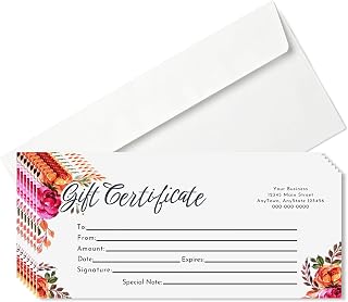 25 Personalized Gift Certificates with 25 Quick Seal Envelopes - Unique Design for Small Business, Retail Shop, Florist, Salon, Farmers Market, and Much More