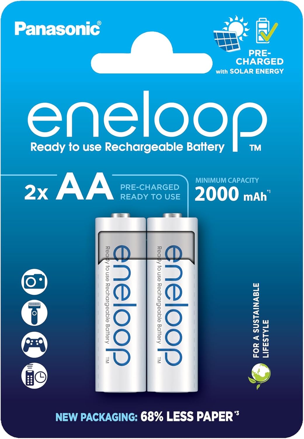 eneloop, AA/Mignon NI-MH Battery, Pack of 4 + Blue Box, Capacity with Min. 2000 mAh, Ready-to-Use NI-MH Batteries, Rechargeable up to 2000 Times, Plastic-Free Packaging, Standard, White