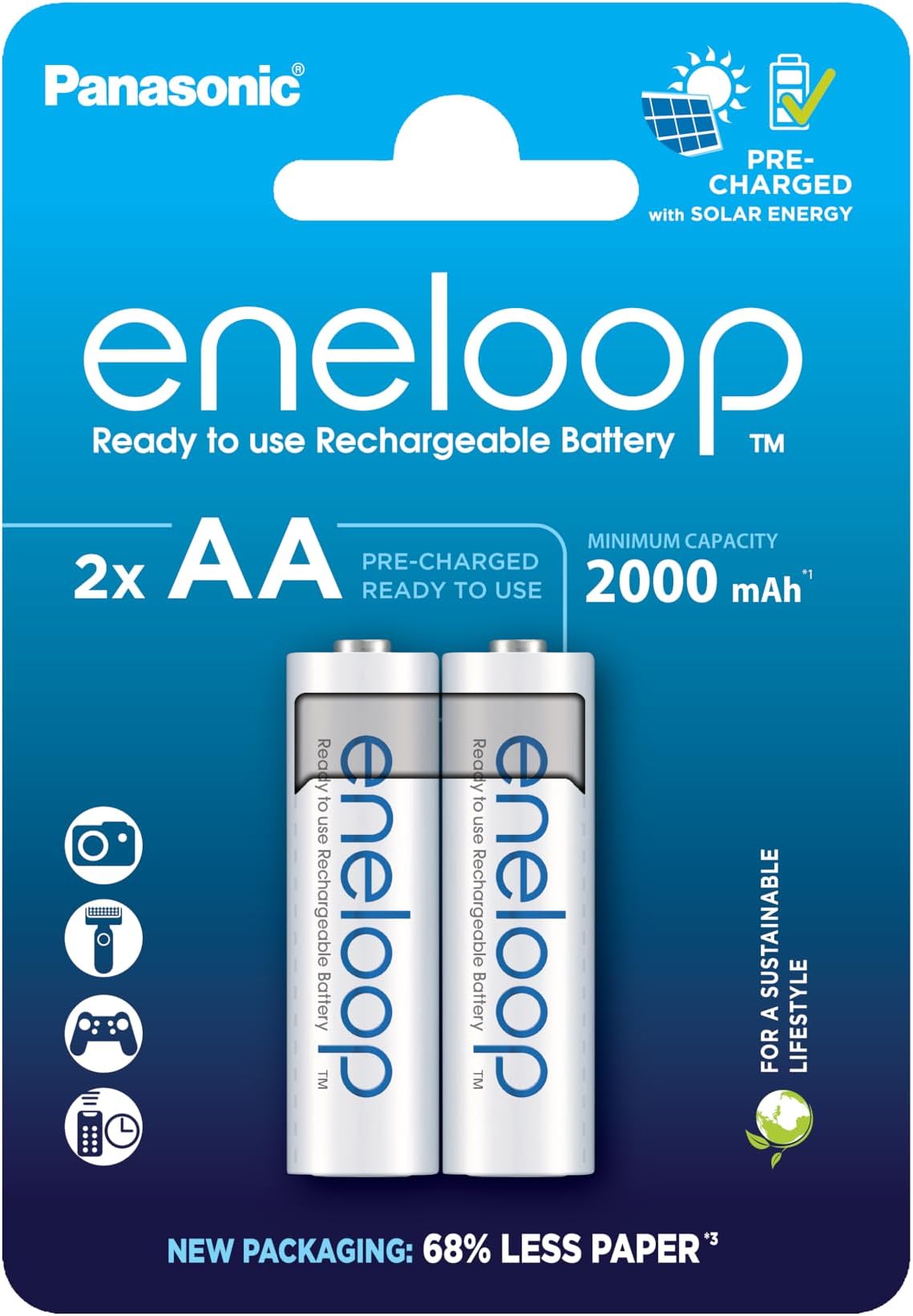 eneloop, AA/Mignon, Rechargeable Battery, Pack of 2, Capacity of 2000 mAh, Ready-to-Use Ni-MH Batteries, 2000 Recharge Cycles, Plastic Free Packaging, Standard, White