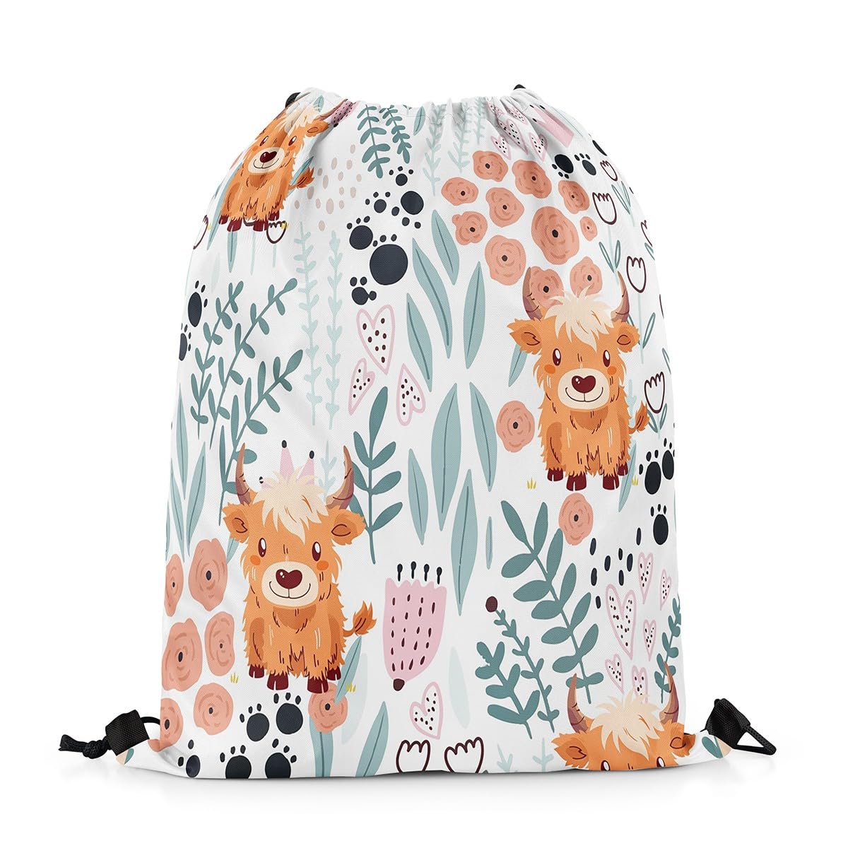 Homewish Cute Highland Cow Draw String Back Bag,Kawaii Cow Floral Cinch Bag 33 x 40 cm,Farmhouse Flowers Leaves Drawstring Backpack,Cartoon Wildlife Animal Drawstring Bags for Camping Traveling Trip