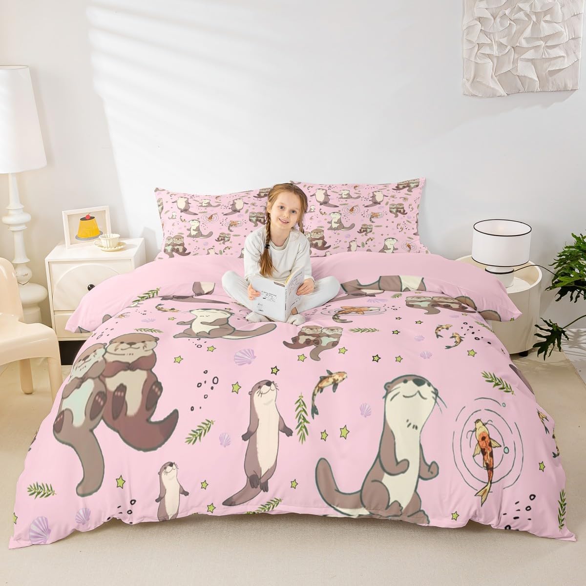 Erosebridal Sea Otters Duvet Cover Twin Size Koi Fish Bedding Set for Kids Boys Girls Lap Otter Kawaii Cute Cartoon Starry Leaves Comforter Cover Beige Pink Warm Soft Bedclothes