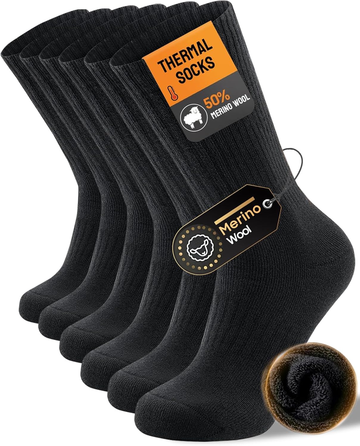 Merino Wool Thermal Socks for Men & Women, 3 Pairs Cushioned Moisture Wicking Crew Boot Socks for Outdoors & Work