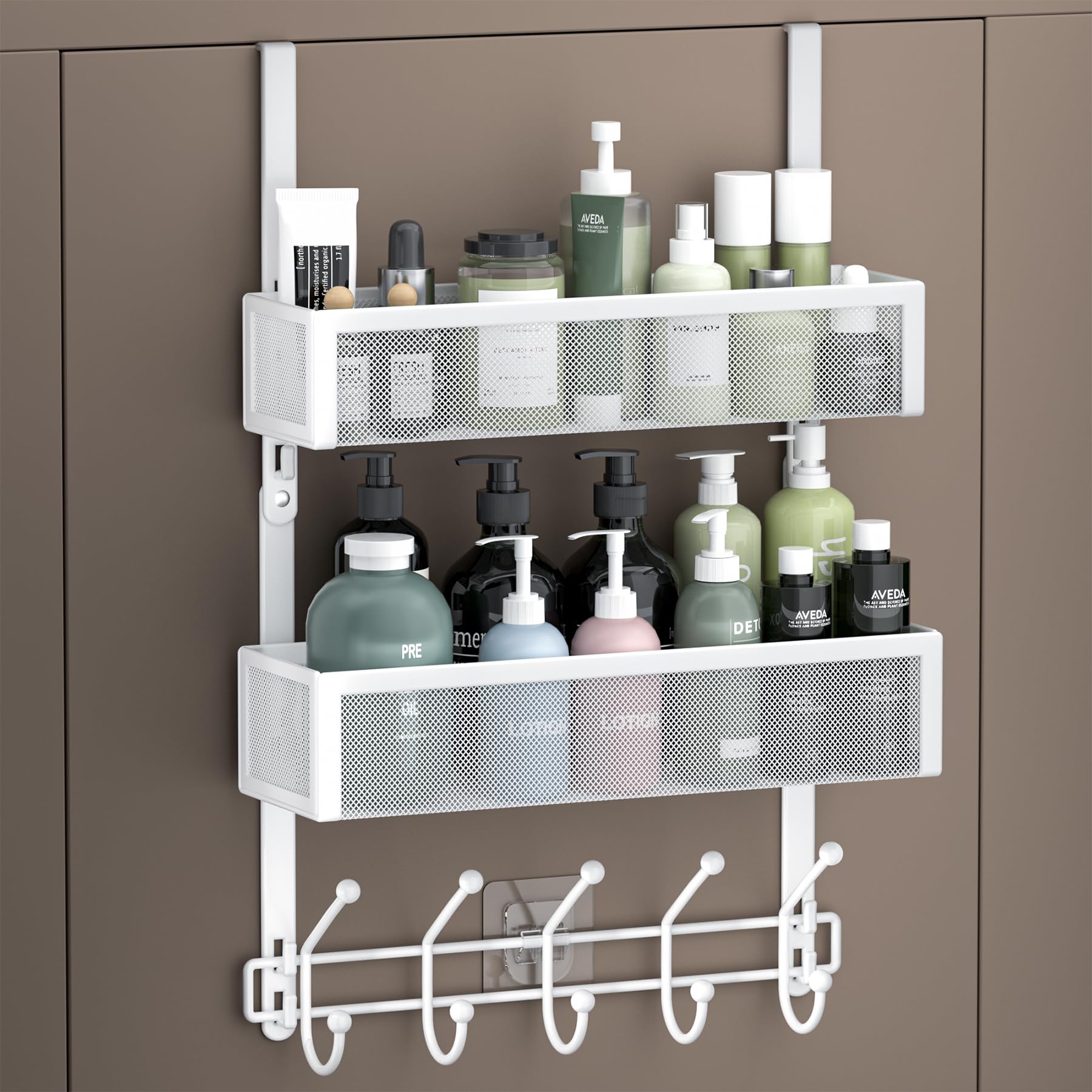Aimeaihe Adjustable Over The Door Hooks Organizer, Door Hanger Coat Rack with 2 Mesh Baskets and 10 Hooks, Back of Door Storage Organizer for Bedroom,Bathroom,Kitchen (White)
