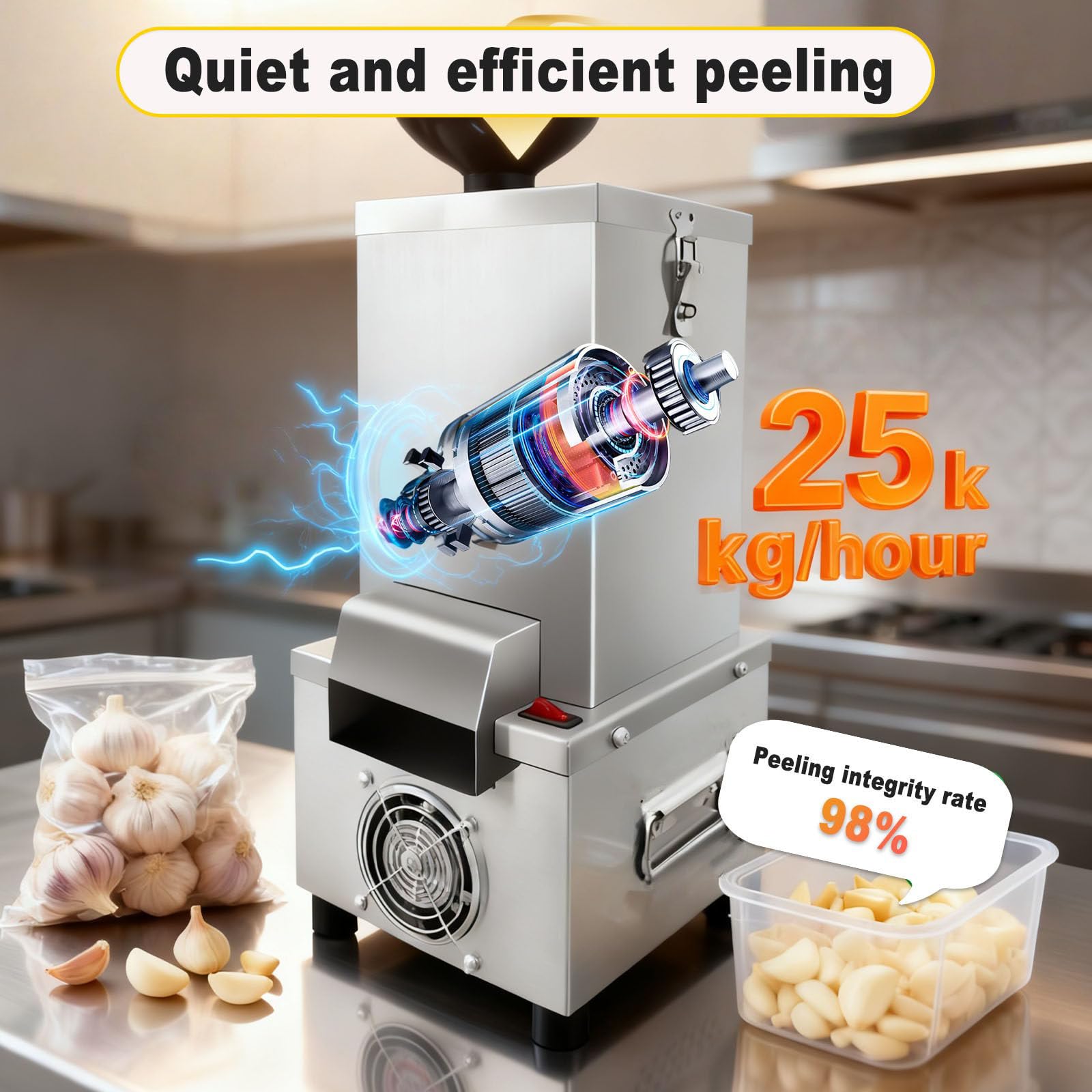 Automatische Elektrische Knoblauchschälmaschine (200 W), Für Gastronomie Und Haushalt Knoblauchschäler Aus Edelstahl, 25 Kg/H, Leicht Zu Reinigen