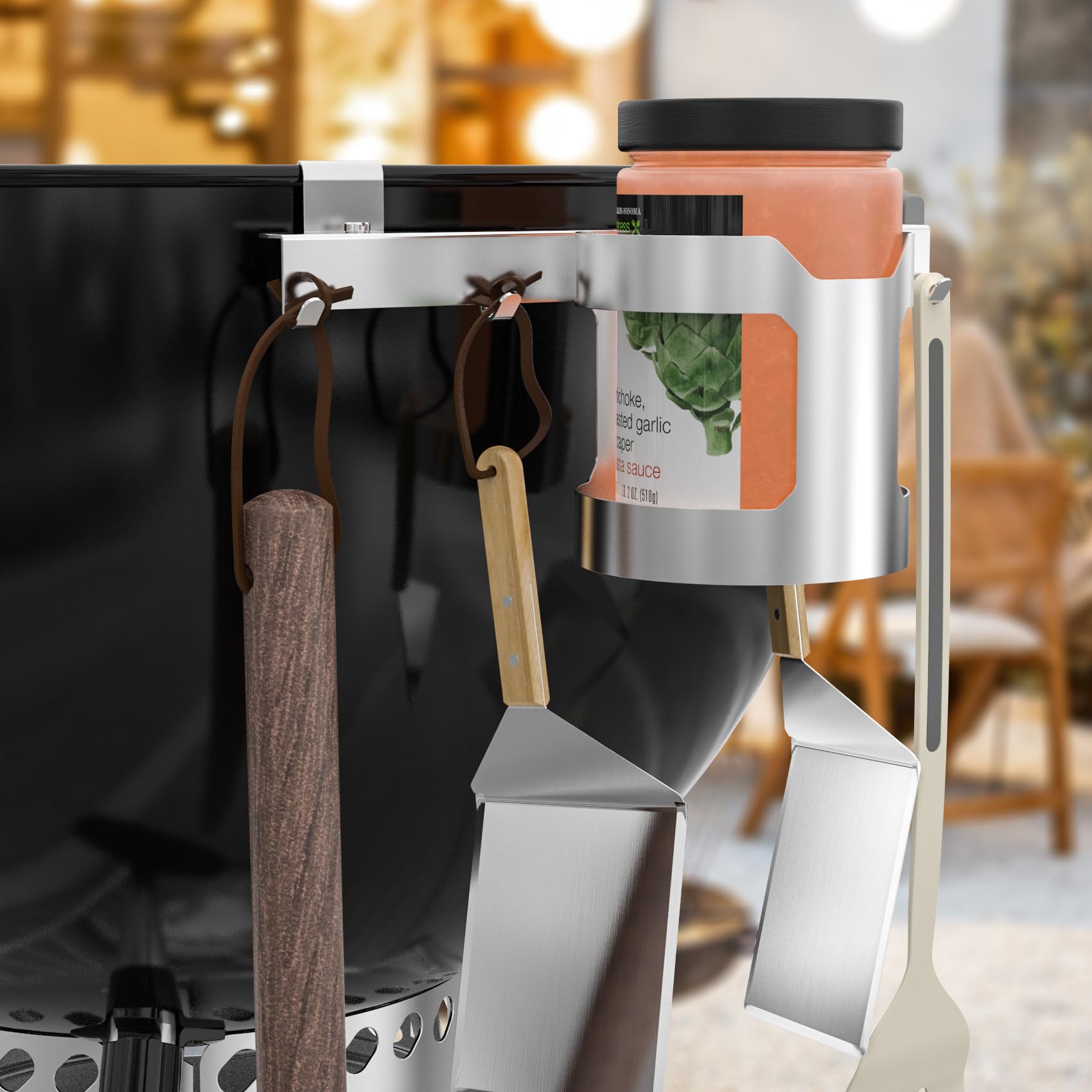 Onlyfire Uchwyt na narzędzia do grilla ze stali nierdzewnej do grilla Weber 47/57 cm, na węgiel drzewny, uchwyt na butelkę, uchwyt na kubek z 4 haczykami do grilla do barebecue, narzędzie do