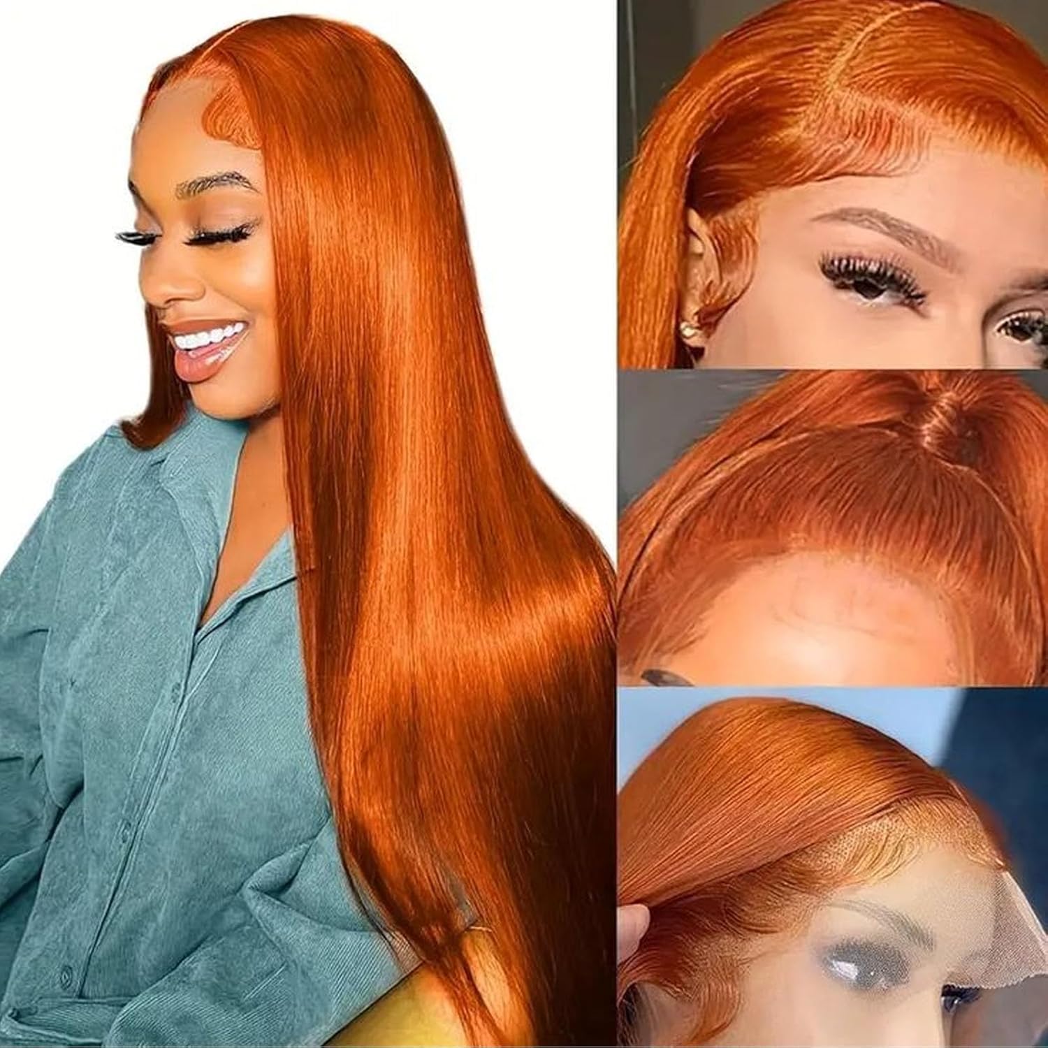 Ginger Orange 13By4 Wig Human Hair Wigs Straight HD Transparent Lace Front Wigs 350 Colored HumanHair Wig Pre Plucked With Baby Hair 20 Inch - Image 2