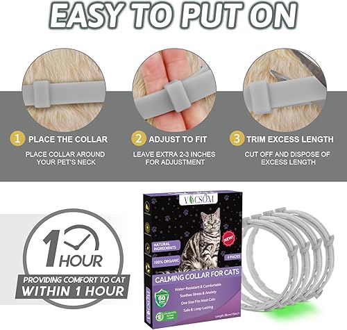 Miniatura 7 de VICSOM Collar calmante para gato, collar calmante de gato luminoso, collar calmante de feromonas para gatos, impermeable, alivio de la ansiedad,