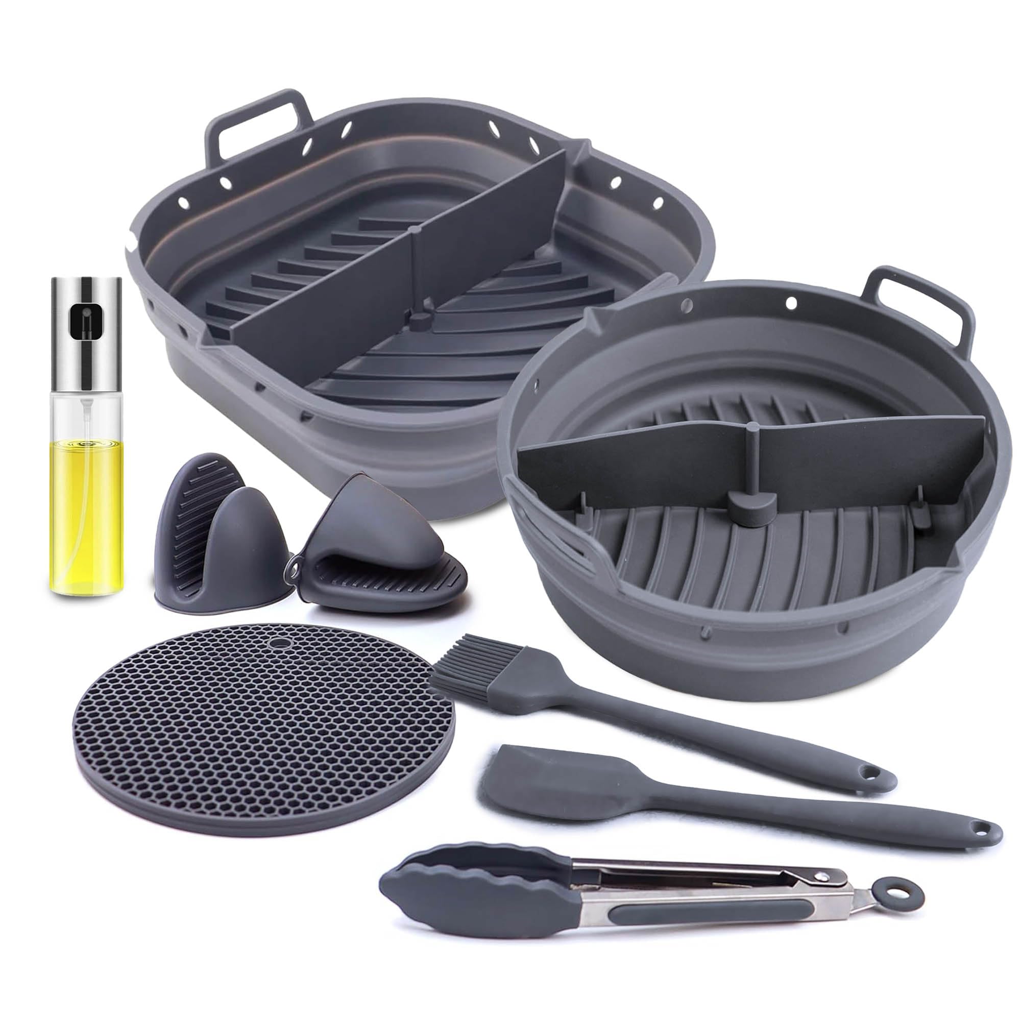 Set Utensilios freidora de Aire 5.5 L 6,4 litros o mas, Kit Accesorios para Air Fryer Dos moldes Silicona Cuadrado y Redondo Compatible COSORI Cecotec Ninja Philips, Apto Horno o microondas