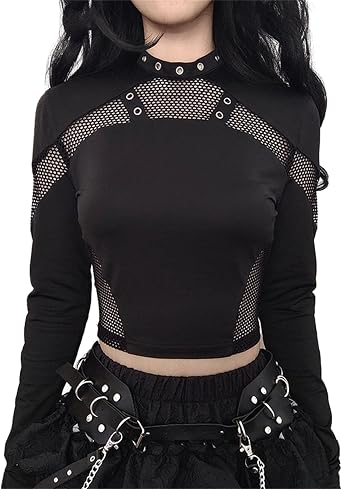 Women Gothic Long Sleeve Crop Top Y2K Fishnet Cropped Tank T-Shirt