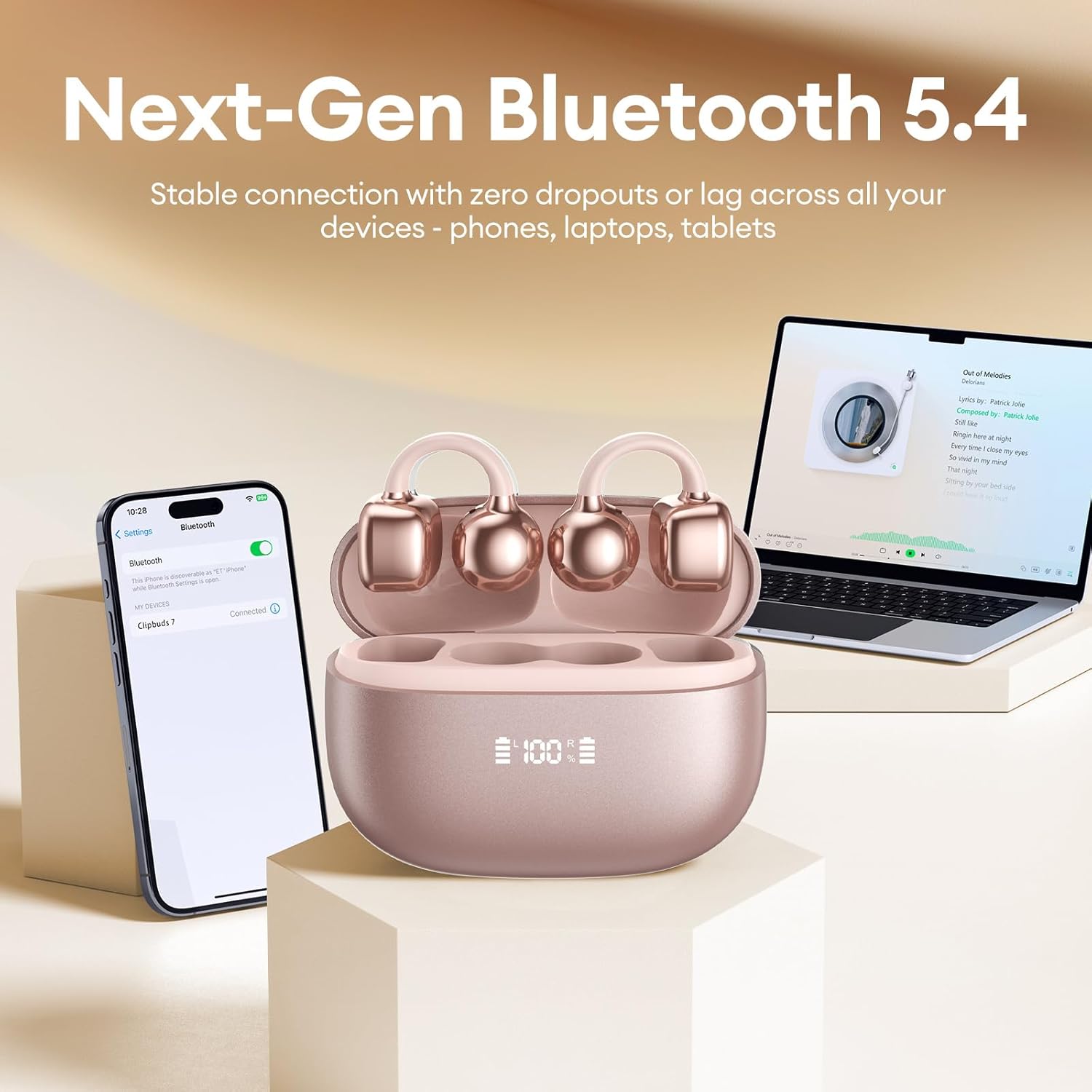 PAXA Clipbuds 7 connected to a smartphone and laptop