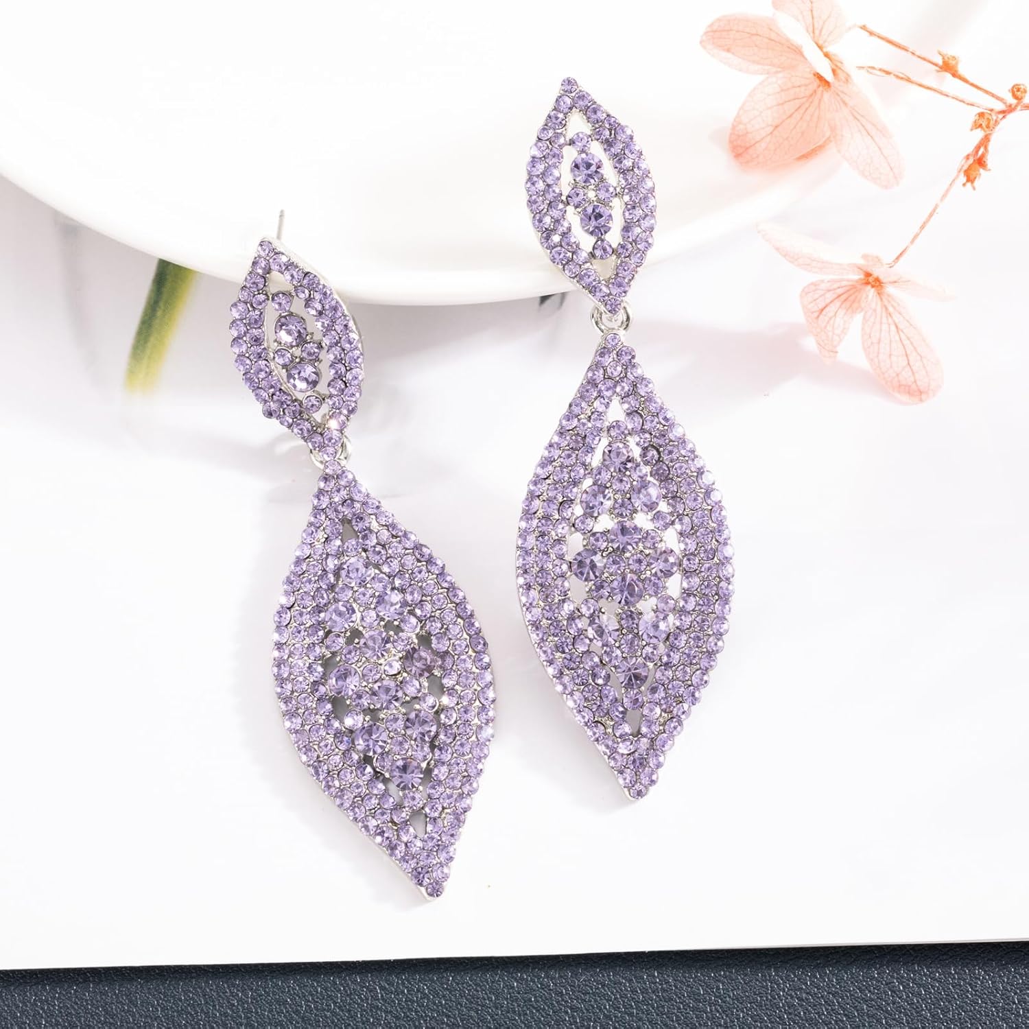 Women Large Statement Chandelier Earrings Rhinestone Clear Crystal Party 2 Leaf Dangle Earrings - Image 4