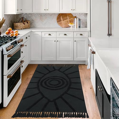 Miniatura 7 de Uphome Alfombra bohemia de 3 x 5 pies, lavable, de mal de ojo, con borlas, suave tejido de algodón, alfombra moderna y minimalista para el suelo,