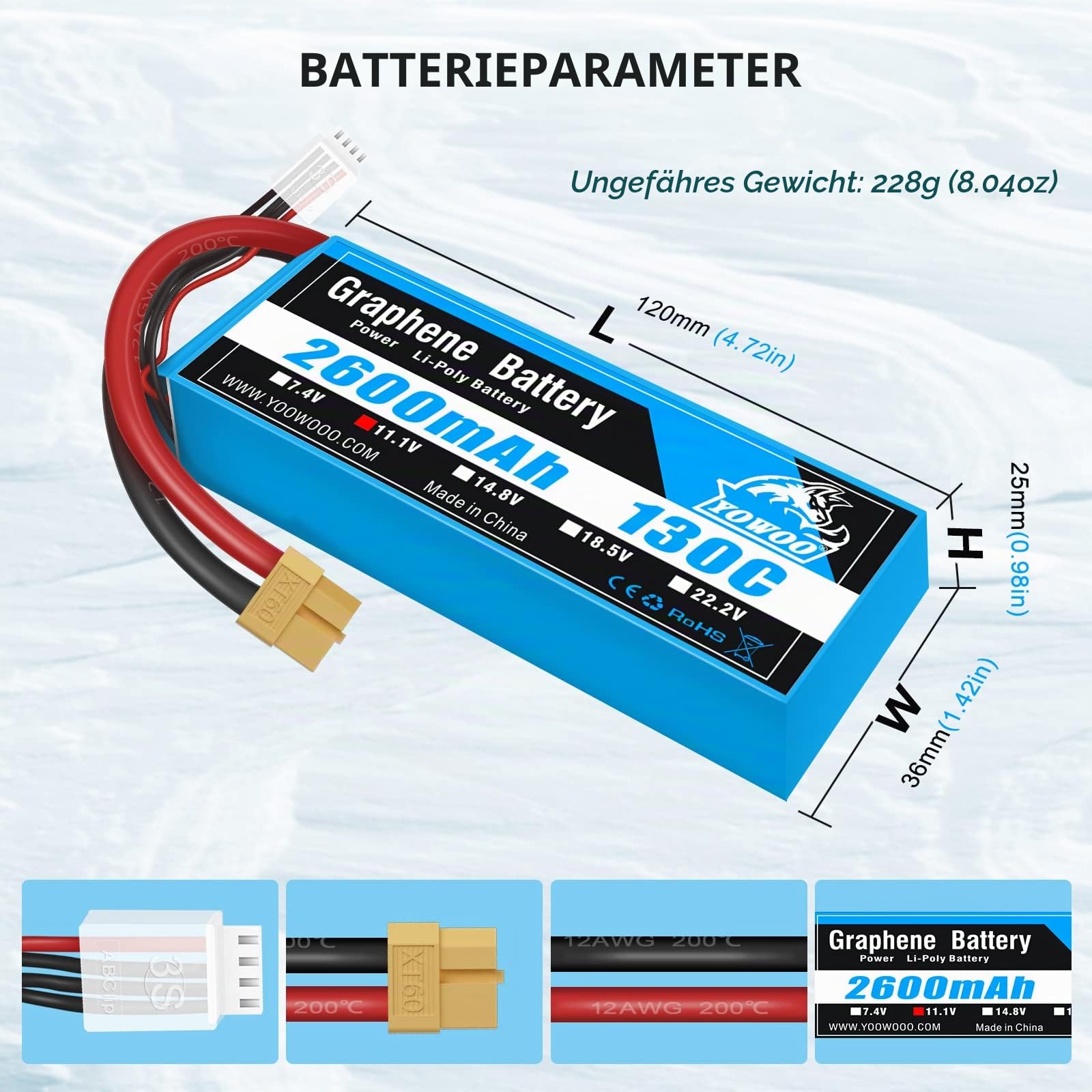 Yowoo 3S Lipo Akku 2600mAh 11.1V 130C Graphen Batterie mit XT60 Anschluss für E-flite Valiant Parkzone E4F Wildcat Große Flugzeuge E-Cub RC Auto Boot LKW Heli Flugzeug (2 Pack)