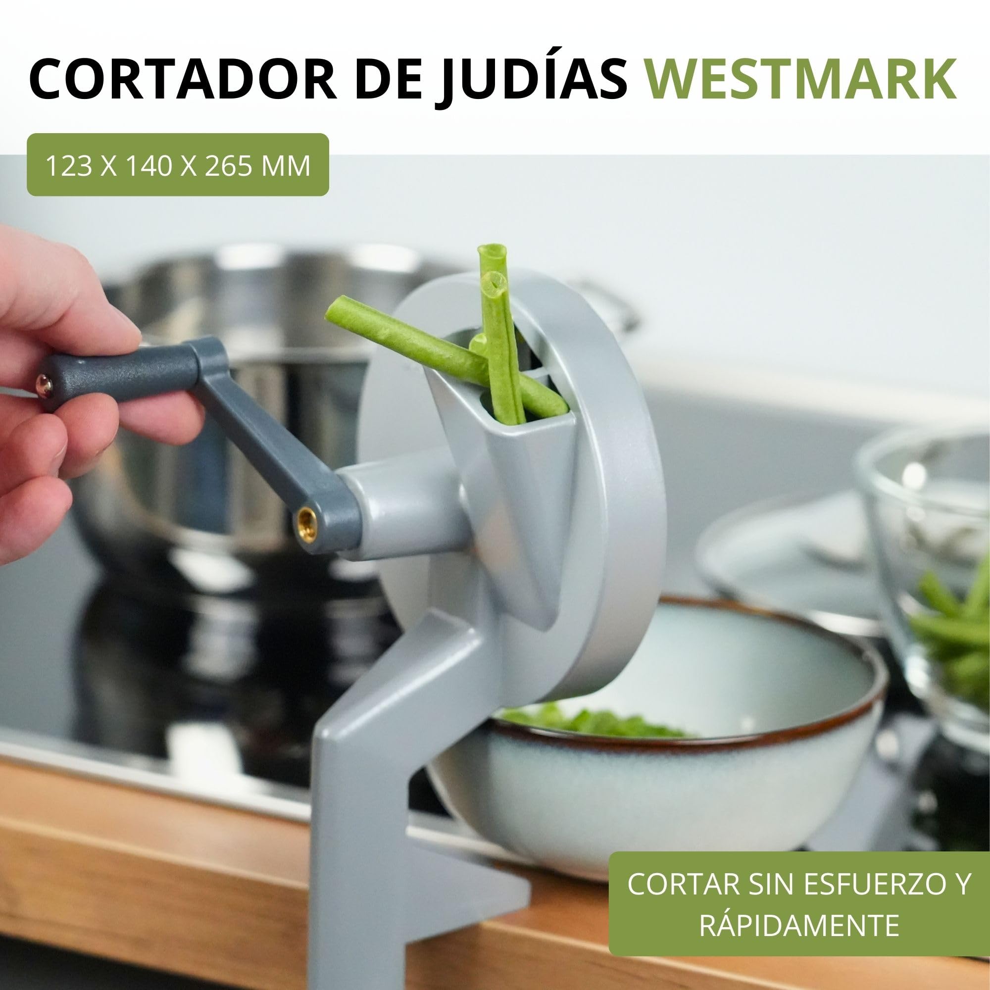 Westmark Cortador de judías con 2 aberturas de corte y abrazadera de tornillo para montaje en mesa, Cuchillo de acero inoxidable/carcasa de aluminio, Plateado, 11822260