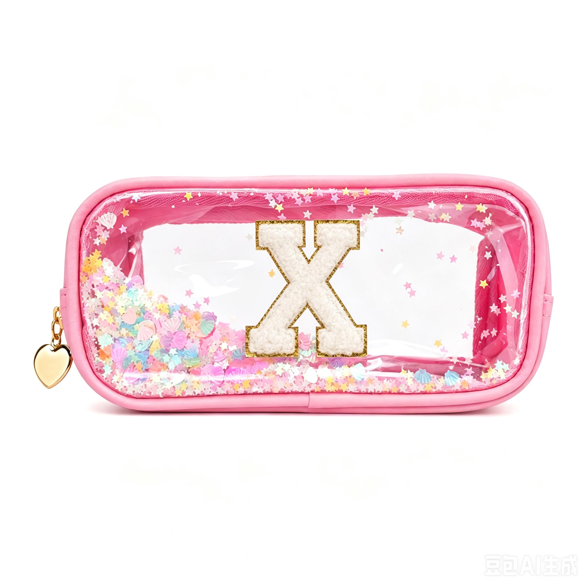 YCDKK The 26 Letters Clear Pink Pencil Case for Girls, Small Cute Transparent Pencil Case with A-Z Initial Design for School & Office, Portable Exam Zipper Pouch for Students, Teens & Women (X)