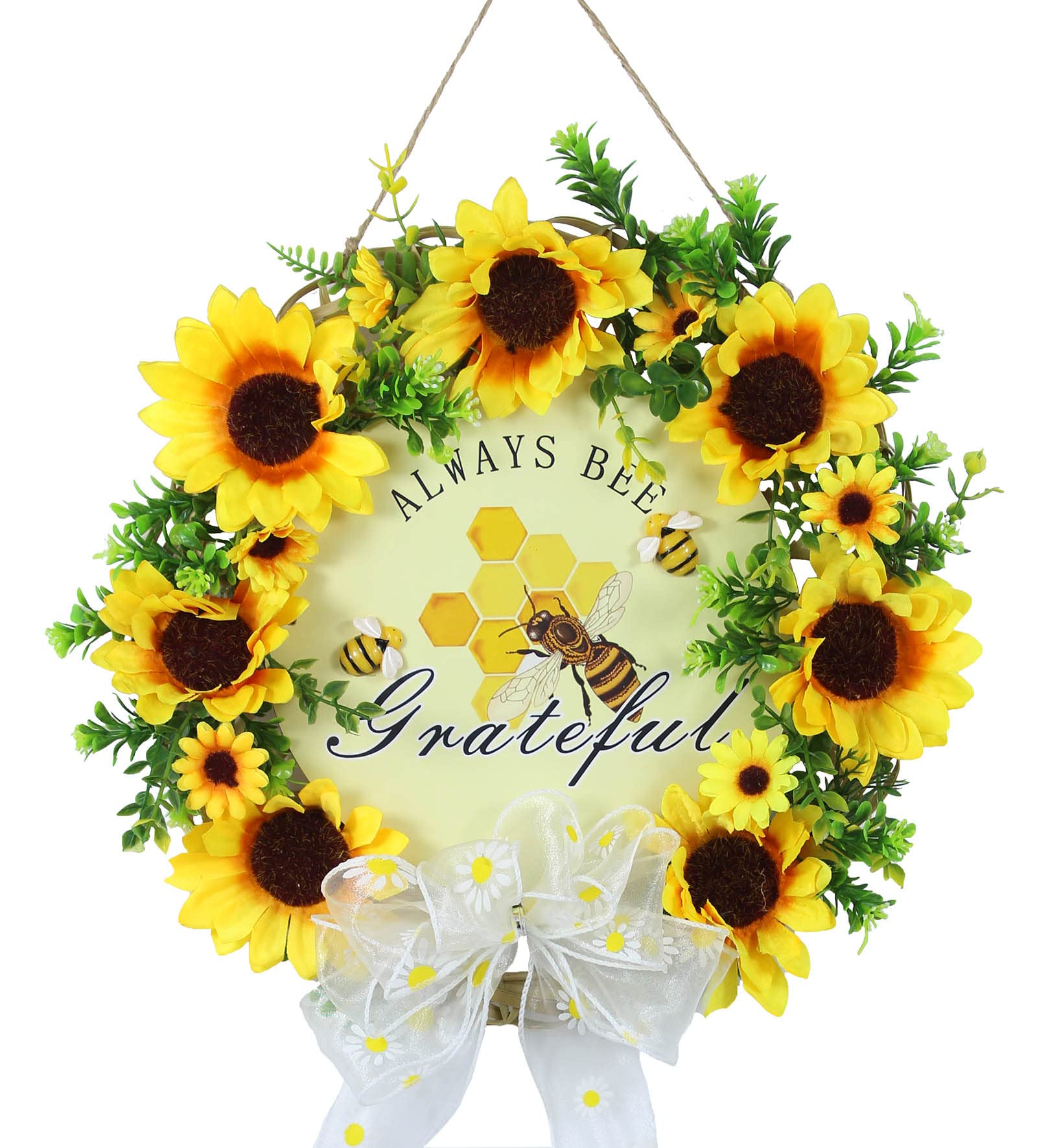 ViktorwuHappy Bee Day Wreath, 13.7 Inches Artificial Sunflower &Always bee Grateful with Cute Bee, Sunflower Bee Wreath for Home Indoor Outdoor Farmhouse Decor