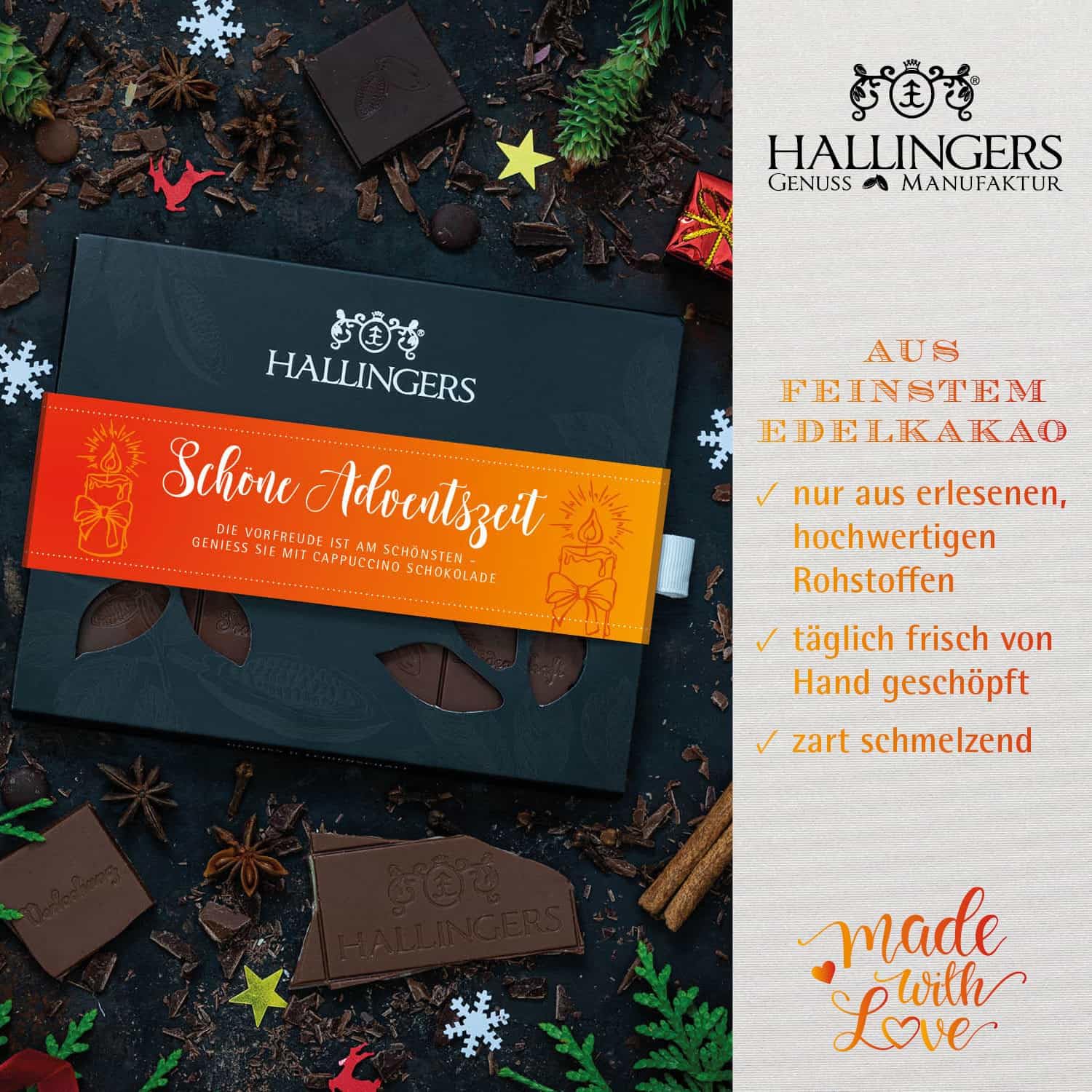 Hallingers Genuss Manufaktur Feinkost Weihnachts-Geschenk-Set - XXL-Geschenkkorb "Best of Christmas" großes Mitbringsel Schokolade, Tee, 9er Pralinen & Meistergriller-Gewürz, Weihnachten für Frauen