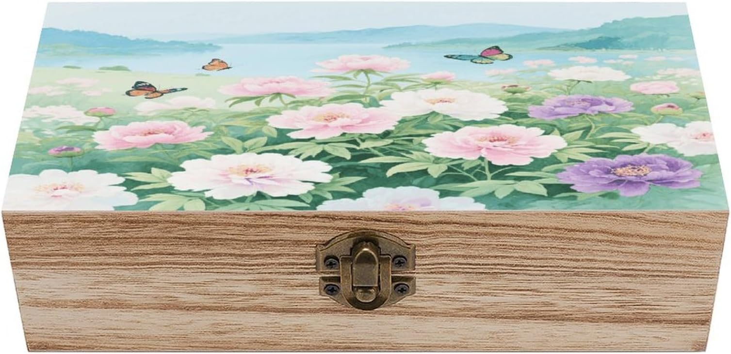 Butterfly Peony Flower Storage Box Rectangular Wooden Decorative Case Large Capacity Jewelry Boxes with Lock Vintage Keepsake Organizer for Photos Pearl Trinkets Crafts