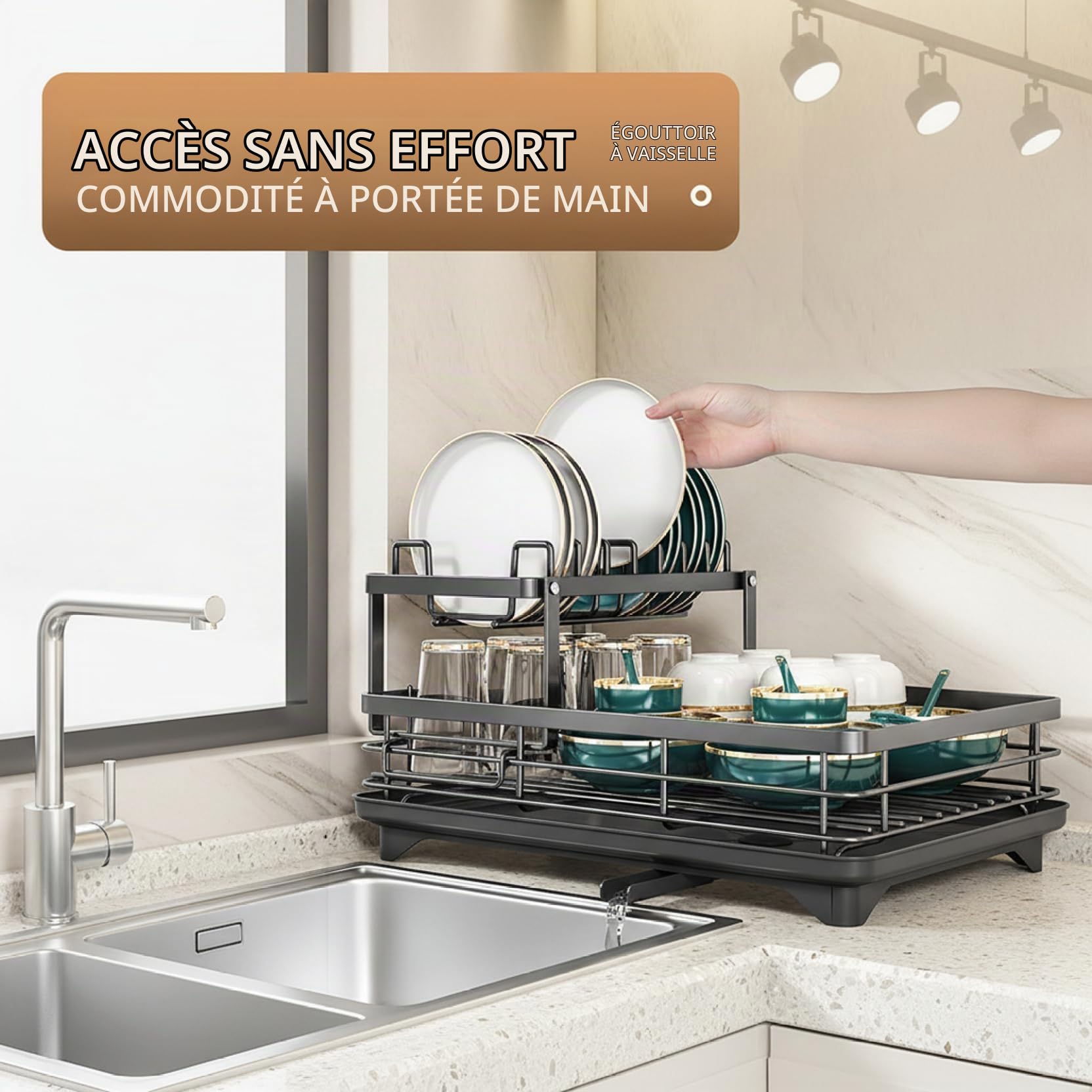 Égouttoir à Vaisselle à 2 Niveaux, Grand égouttoir Vaisselle en Acier au Carbone Blanc avec Porte-ustensiles, de Cuisine Multifonction Amovible pour Bol, Tasse, Couteaux, Planche, pour