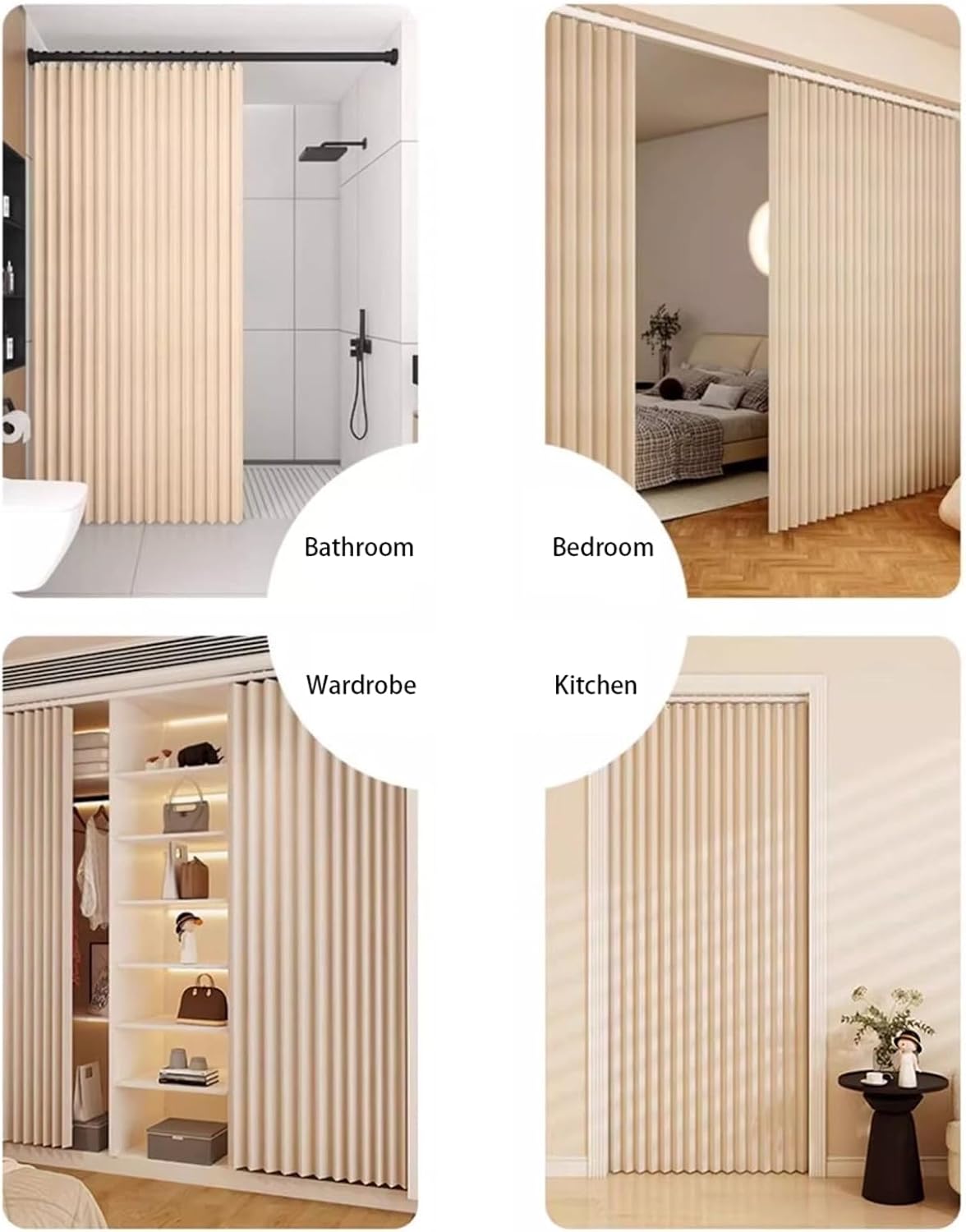 Blackout Magnetic Accordion Door Curtain, Privacy Pleated Folding Door Curtain for Doorway, Bedroom, Living Room, Beige, 40" W x 96" L