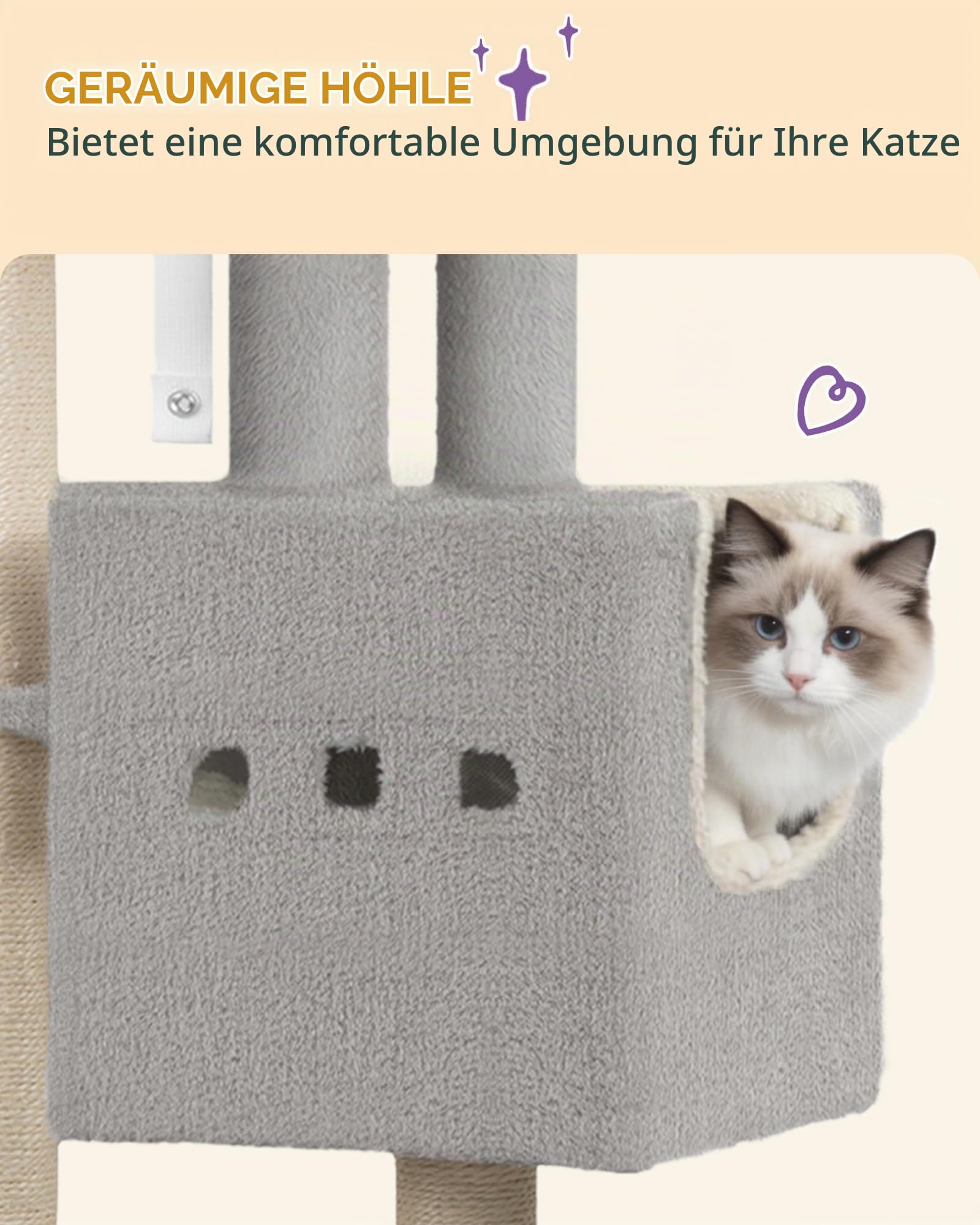 Hzuaneri Kratzbaum, 112 cm Stabil Katzenbaum, Katzenkratzbaum mit Großer Liegefläche, Katzenhöhle, Sisalstämme, Korb, Plüschbälle, Katzenmöbel Spielbaum, Hellgrau MS11218LG
