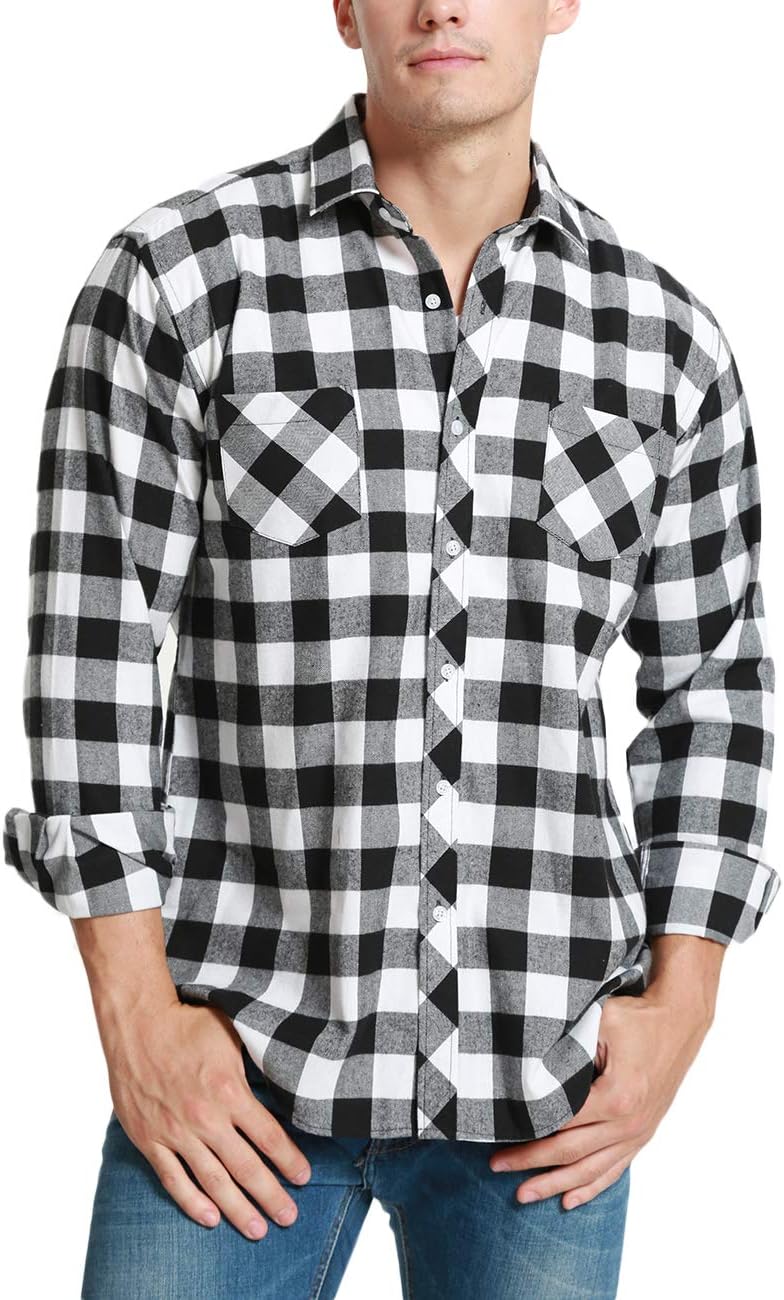 JEETOO Men's Long Sleeve Plaid Flannel Fleece Shirt Slim Fit Button Down Check Tops