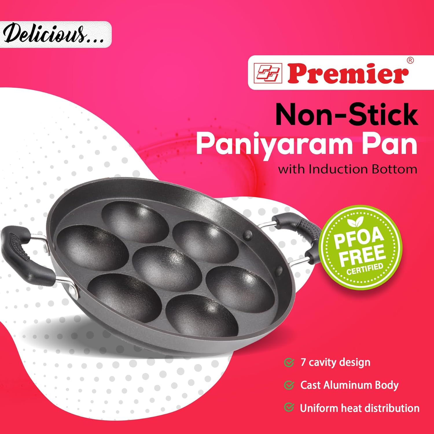 Premier Induction Base Non Stick Paniyaram Pan, Black, 7 Cavity, Small - 18cm Diameter
