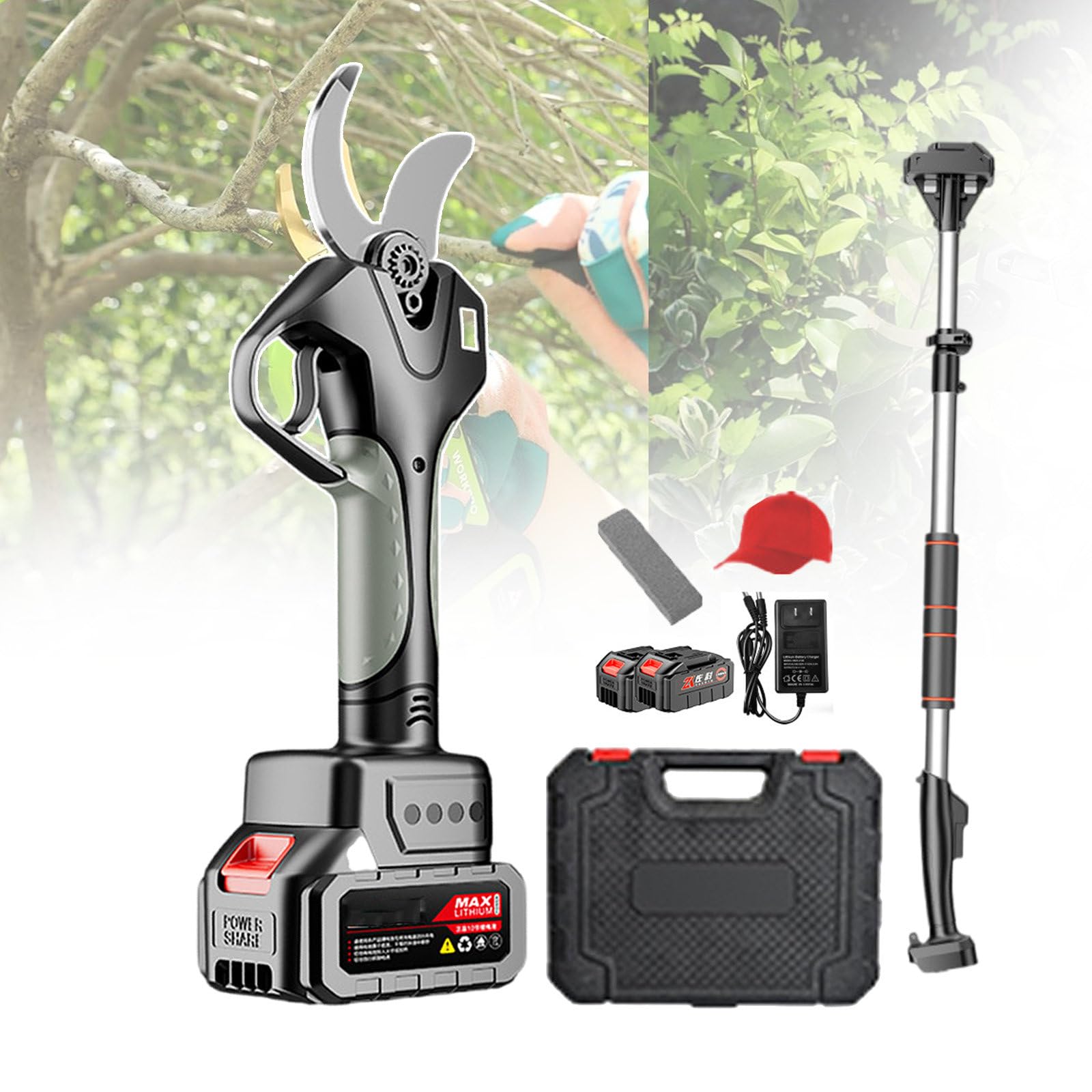 Cesoie da Giardino E Forbici da Potatura, Cesoie da Potatura Elettriche + Asta Telescopica, Potatori Professionali Senza Fili, Potatore per Alberi Alimentato A Batteria da 21 V