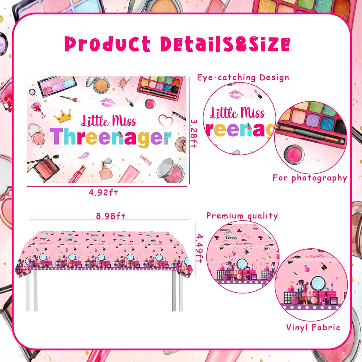 Little Miss Threenager 3rd Birthday Decorations Makeup Party Supplies for Girls 3rd Birthday Threenager Birthday Decorations Banner Backdrop Tablecloth Makeup Cake Toppers for Spa Salon Bday