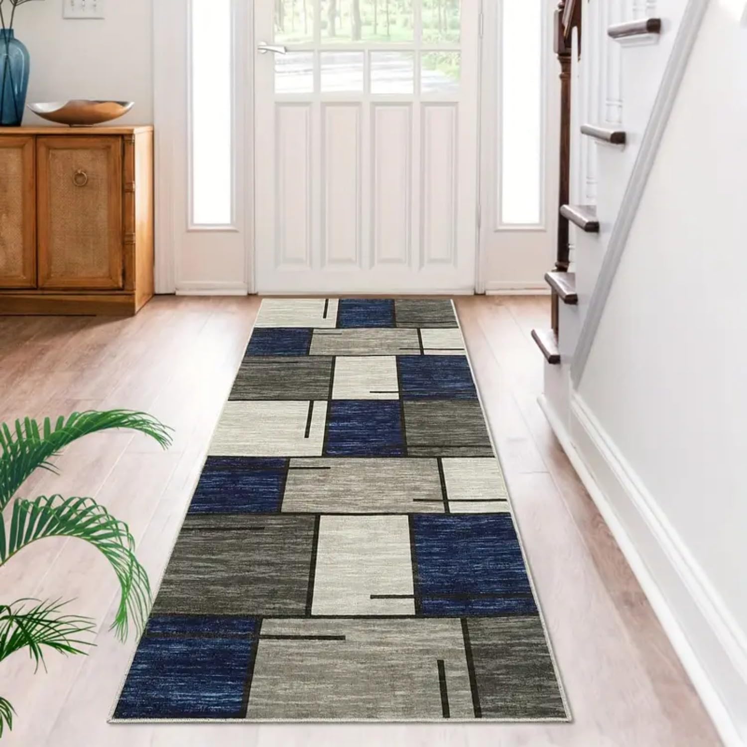 USHIRUG Carpet Runner for Hallway,60x240cm, Grey and Blue Geometric Trellis Floor Door Mat, Non Slip Machine Washable Kitchen Area Rug, Contemporary Indoor Runner for Hallway Entryway Laundry Room