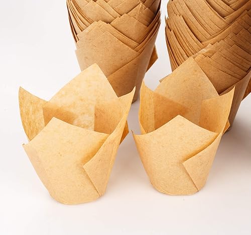 Vista 23 de GOLDEN APPLE, 100 piezas de tulipanes para cupcakes de loto pergamino para hornear muffins, tazas para bodas, cumpleaños, baby showers, natural)