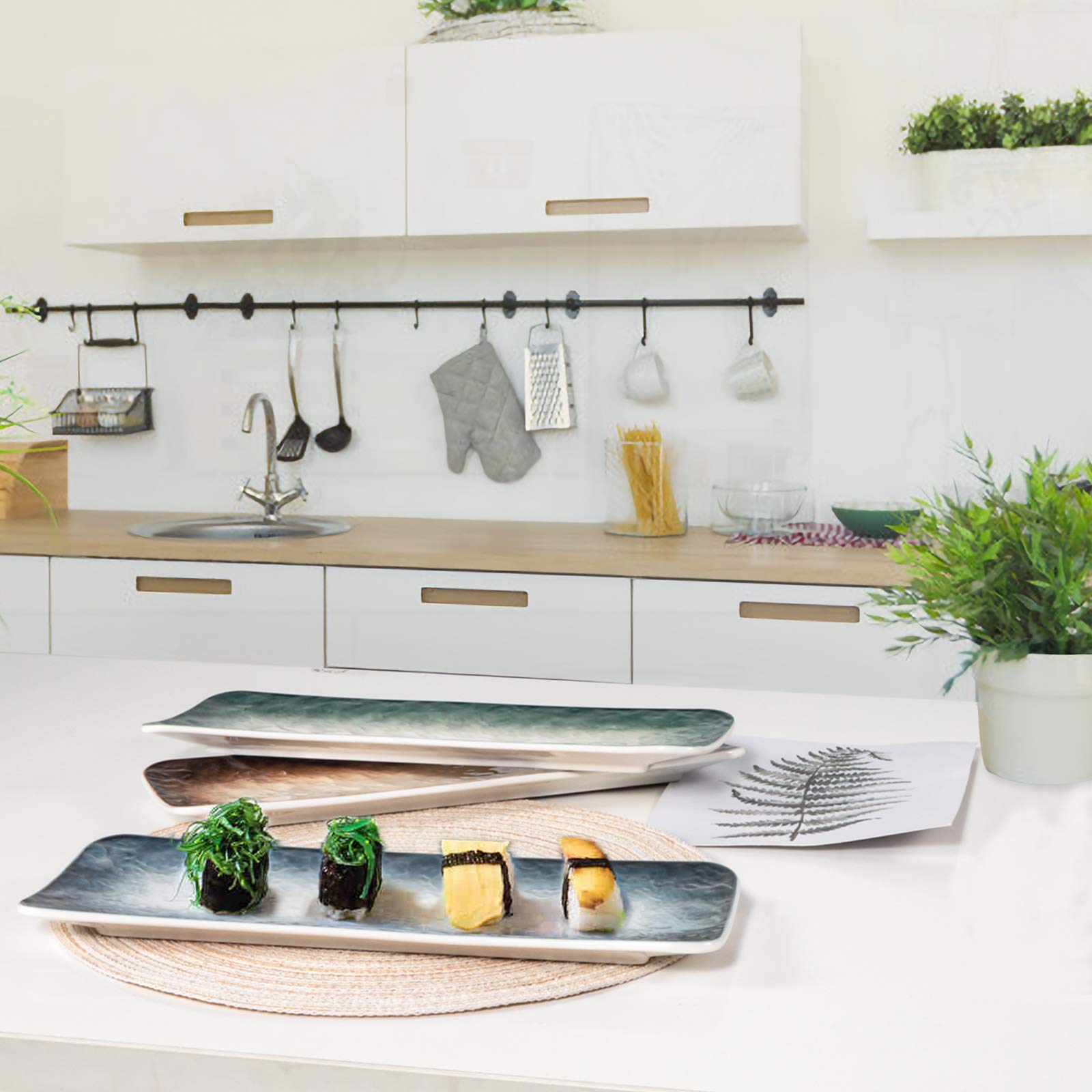 Platos de cerámica de 11.5 pulgadas, platos rectangulares de sushi con textura en relieve, bandejas de porcelana para servir aperitivos, decoración de platos, entretener a los invitados (juego 7