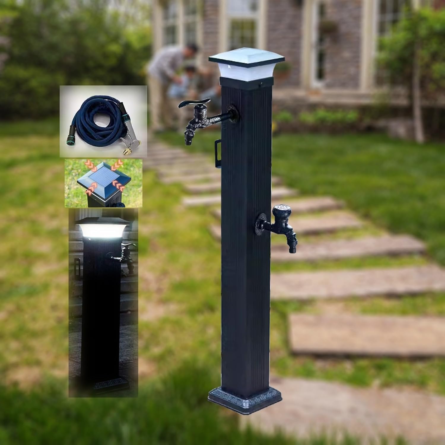 Frost Free Outdoor Faucet with Solar LED Light, Garden Hose Stand with 2 Faucets & Spray Gun, Freestanding Water Spigot for Easy Access in All Weather