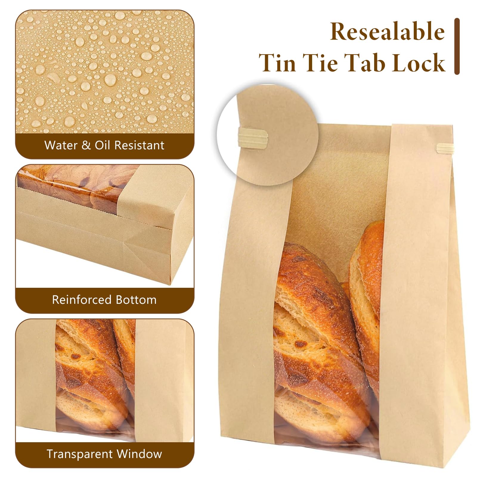 Ohuimrt 50 bolsas grandes de papel para pan casero, 13.7 x 8.2 x 3.5 pulgadas, bolsas de panadería con ventana, bolsas de pan de masa madre con cierre de pestaña de corbata de estaño