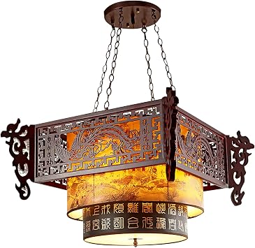 Antique Wooden Chandelier,Chinese Style Chandelier Lantern,Hand Carved Wood Pendant Light Dragon Pattern,led Ceiling Lamp Hanging Light Fixture for Kitchen Living Room Dining Foyer