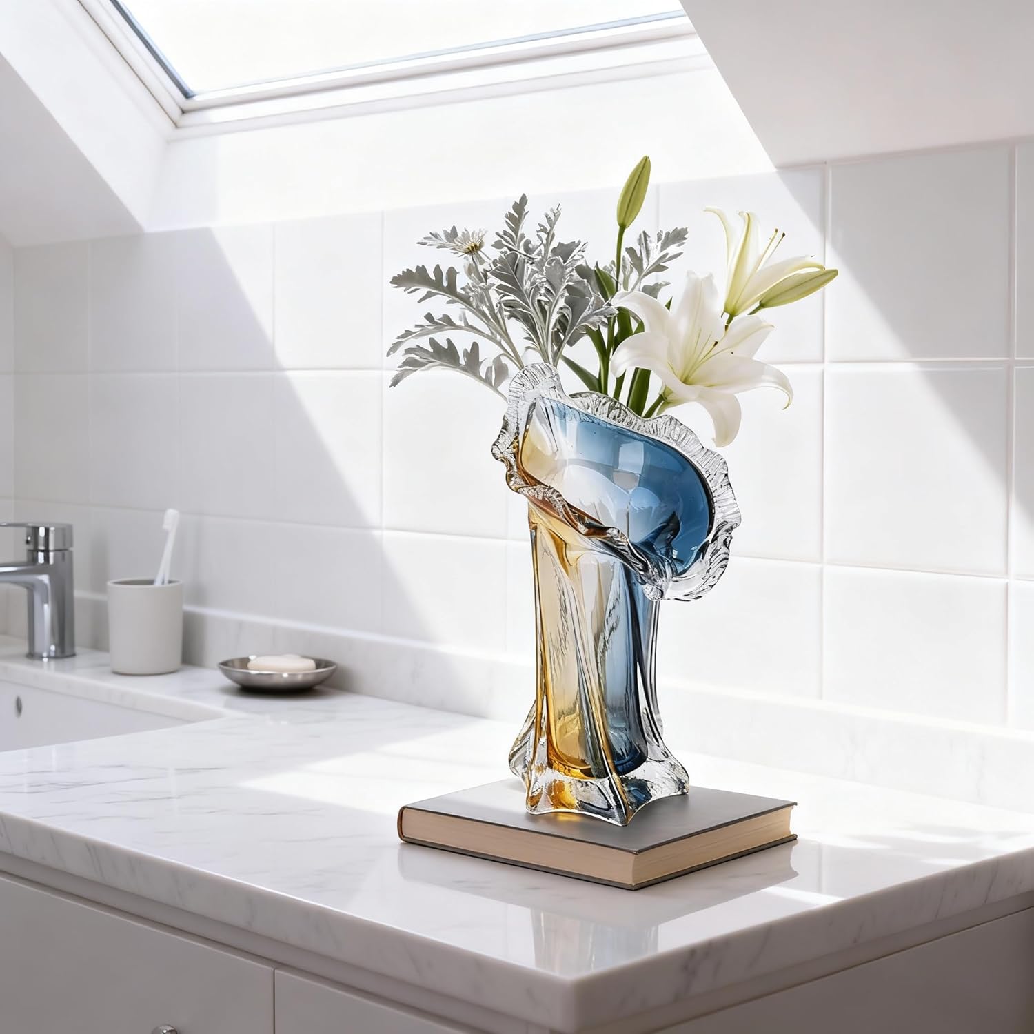 Turquoise Glass Hand Blown Vase, Teal Blue Gradient Modern Art Vase, Decorative Centerpiece for Home Decor,Blown Glass Centerpiece, Wide Mouth Floral Arrangement, Elegant Art Decor (S) - Image 2