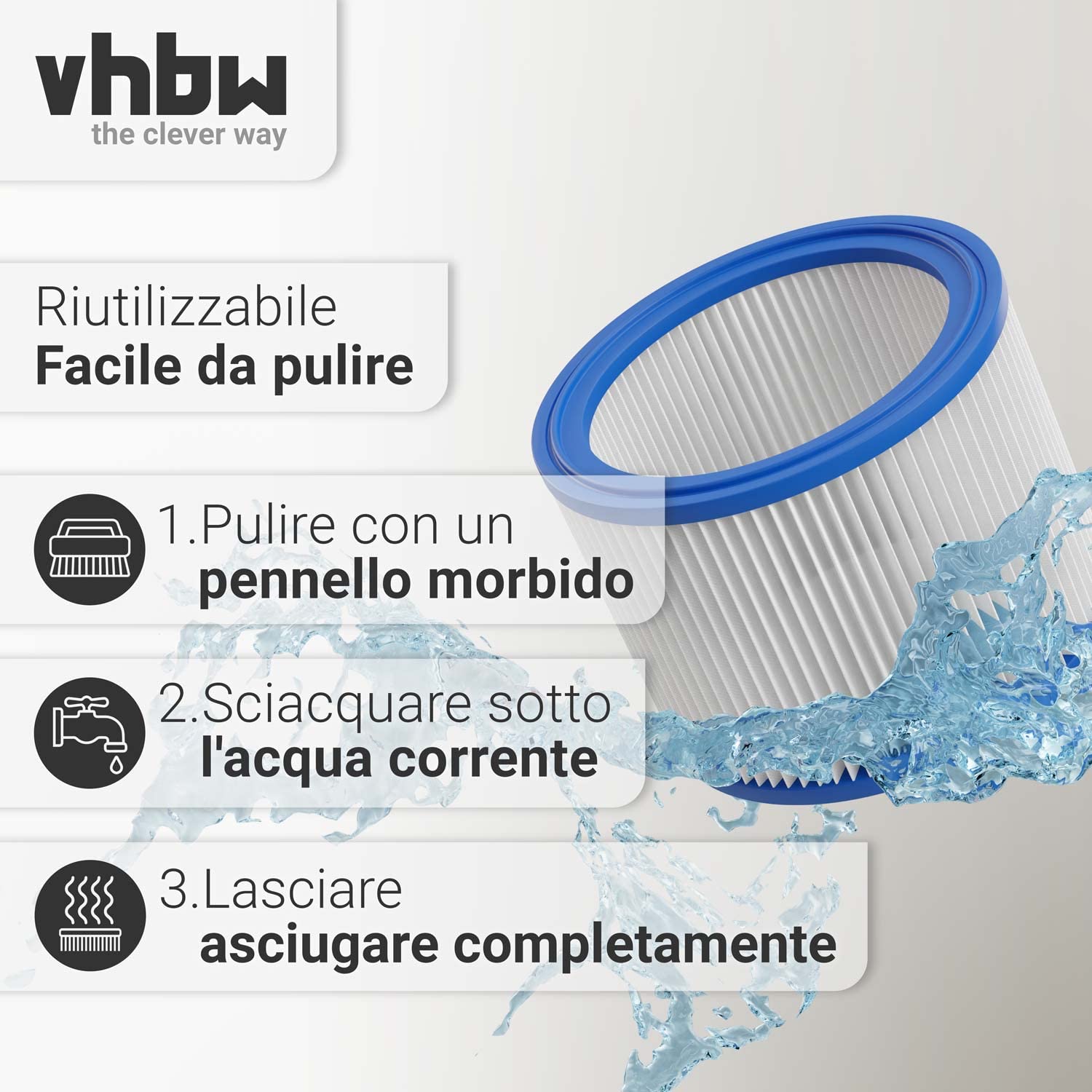 vhbw Filtro a pieghe rotondo compatibile con Aspirapolvere, robot aspirapolvere, aspirapolvere multiuso WAP Turbo SSR, XL, XL-25, XL-E