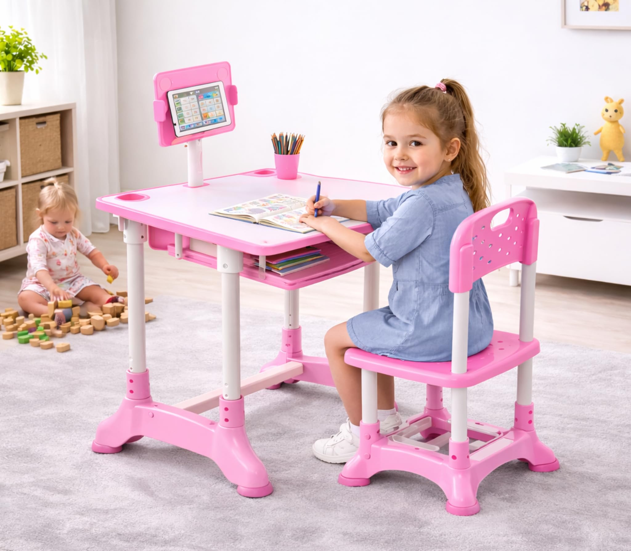 MLU Baby Desk, Kids Study Table and Chair Set, Height Adjustable (Pink), MDF Multifunctional Kids Desk for Ages 2-11