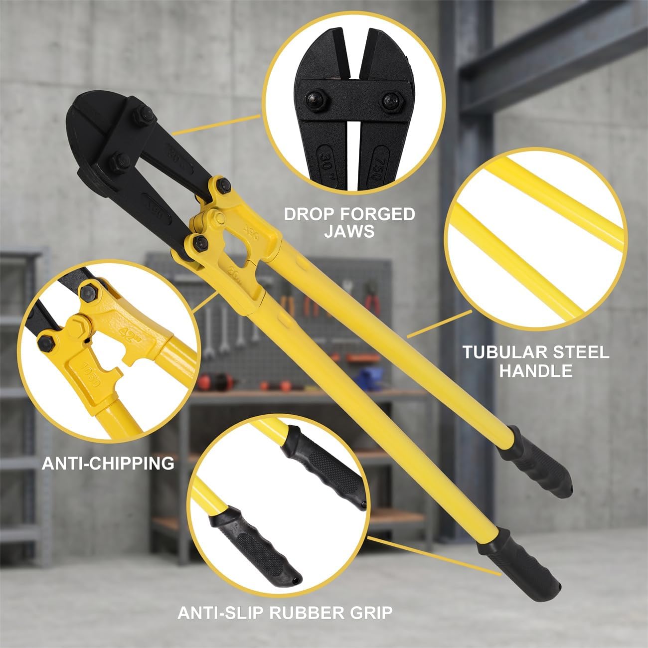 Heavy-Duty Bolt Cutter, Steel Cutting Tool for Fence, Steel Wire, Chain, Screws, Rivets and Padlocks, Ergonomic Soft Rubber Non-Slip Grip Handle, Yellow (42 Inch)
