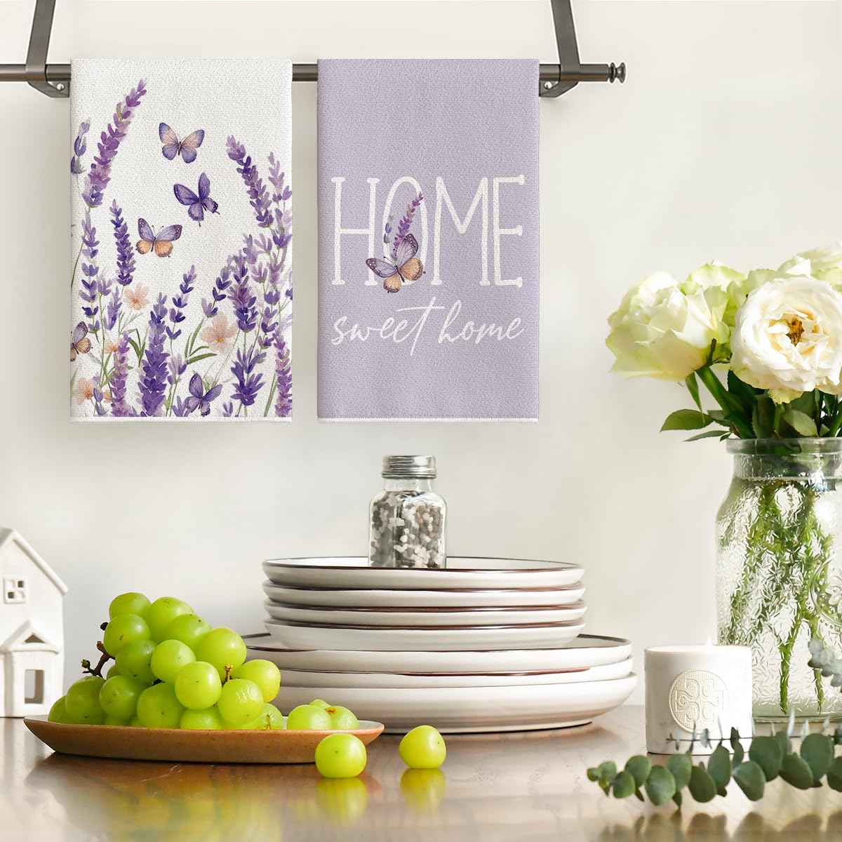Artoid Mode Butterfly Lavender Sweet Home Spring Kitchen Towels Dish Towels, 18x26 Inch Farmhouse Summer Decoration Cleaning Set of 4